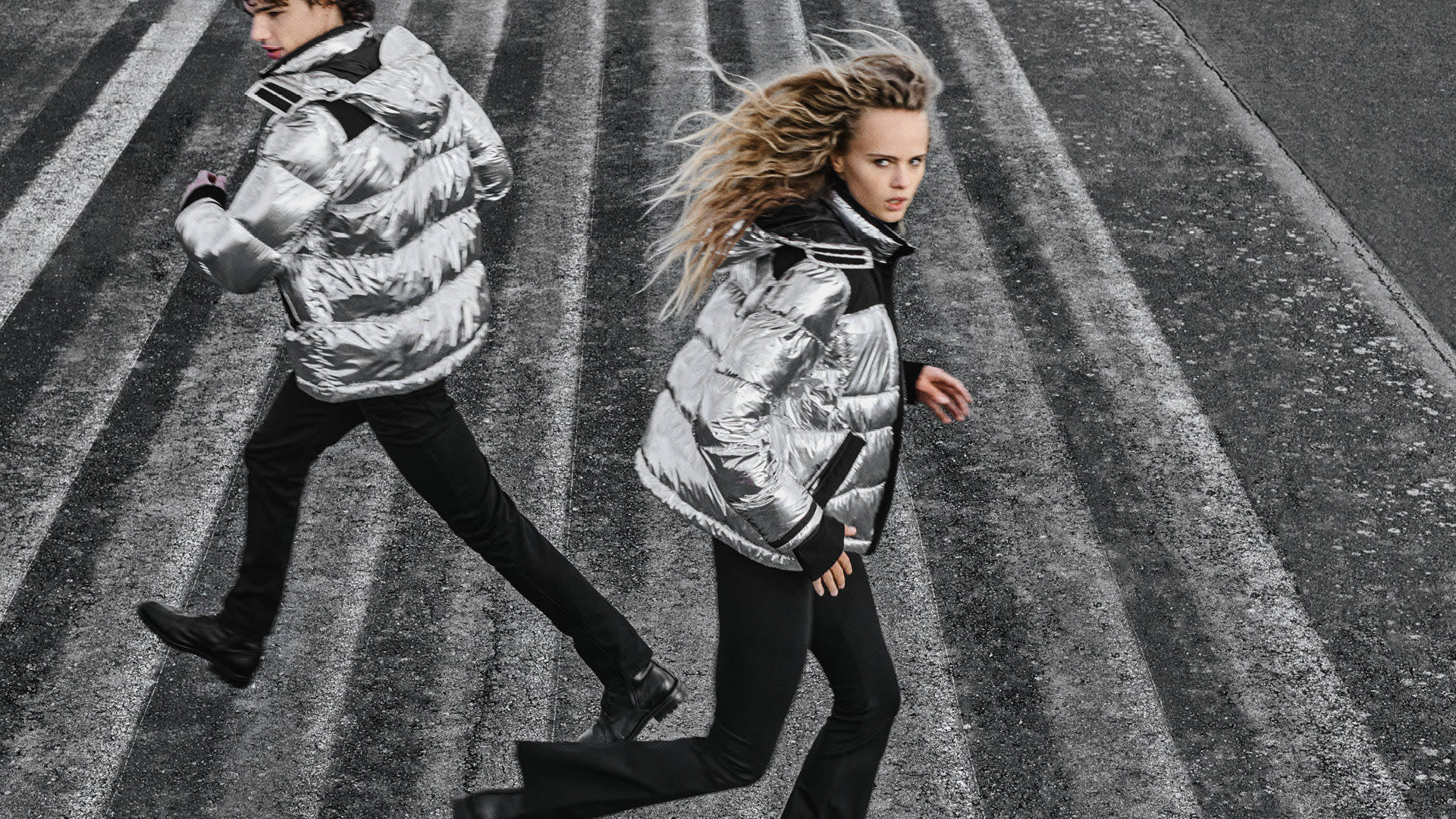 The Kooples, shiny silver puffer jackets, zebra crossing, Full HD Desktop Wallpaper