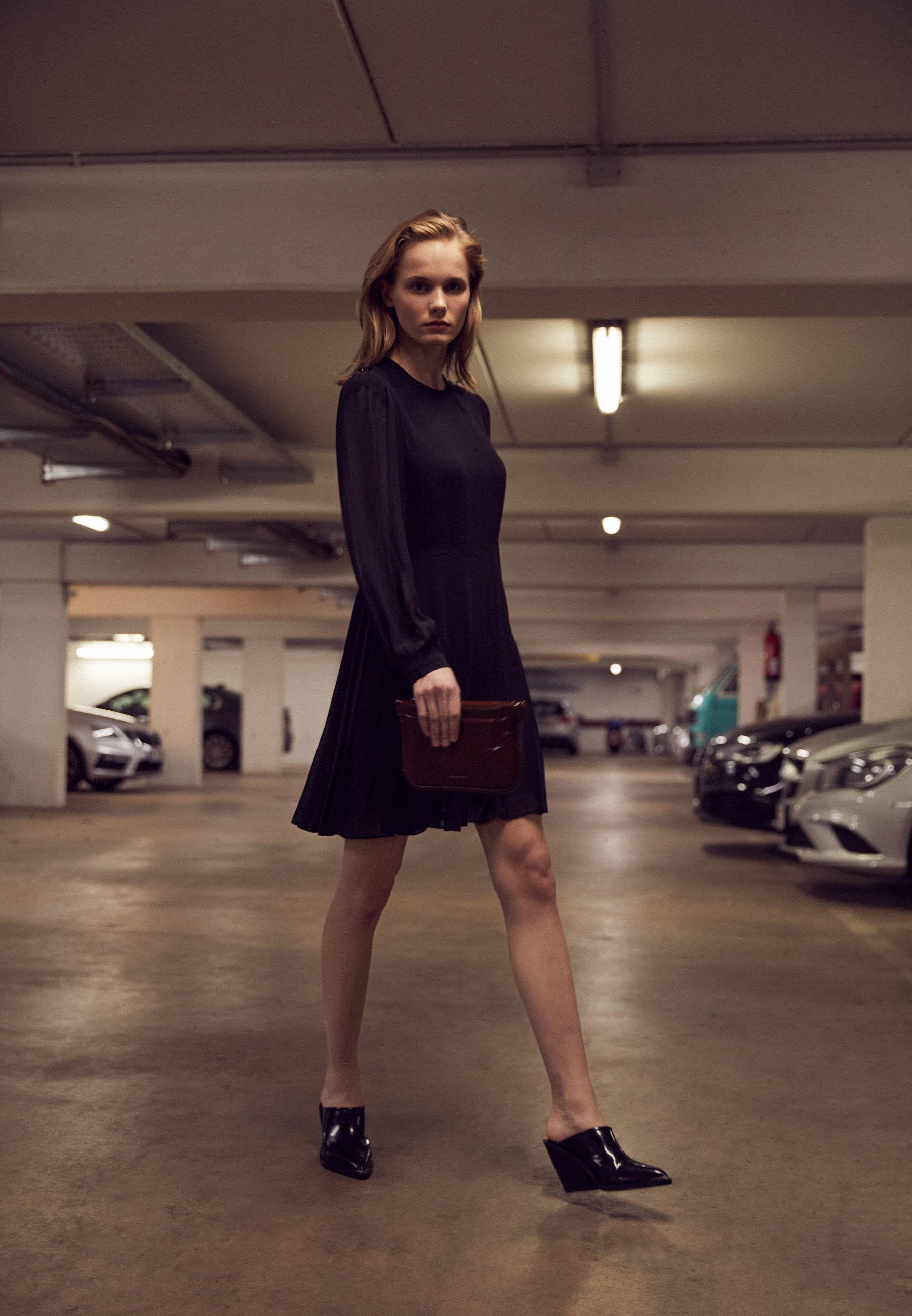 The Kooples, parking lot, black dress, 2K Phone Wallpaper