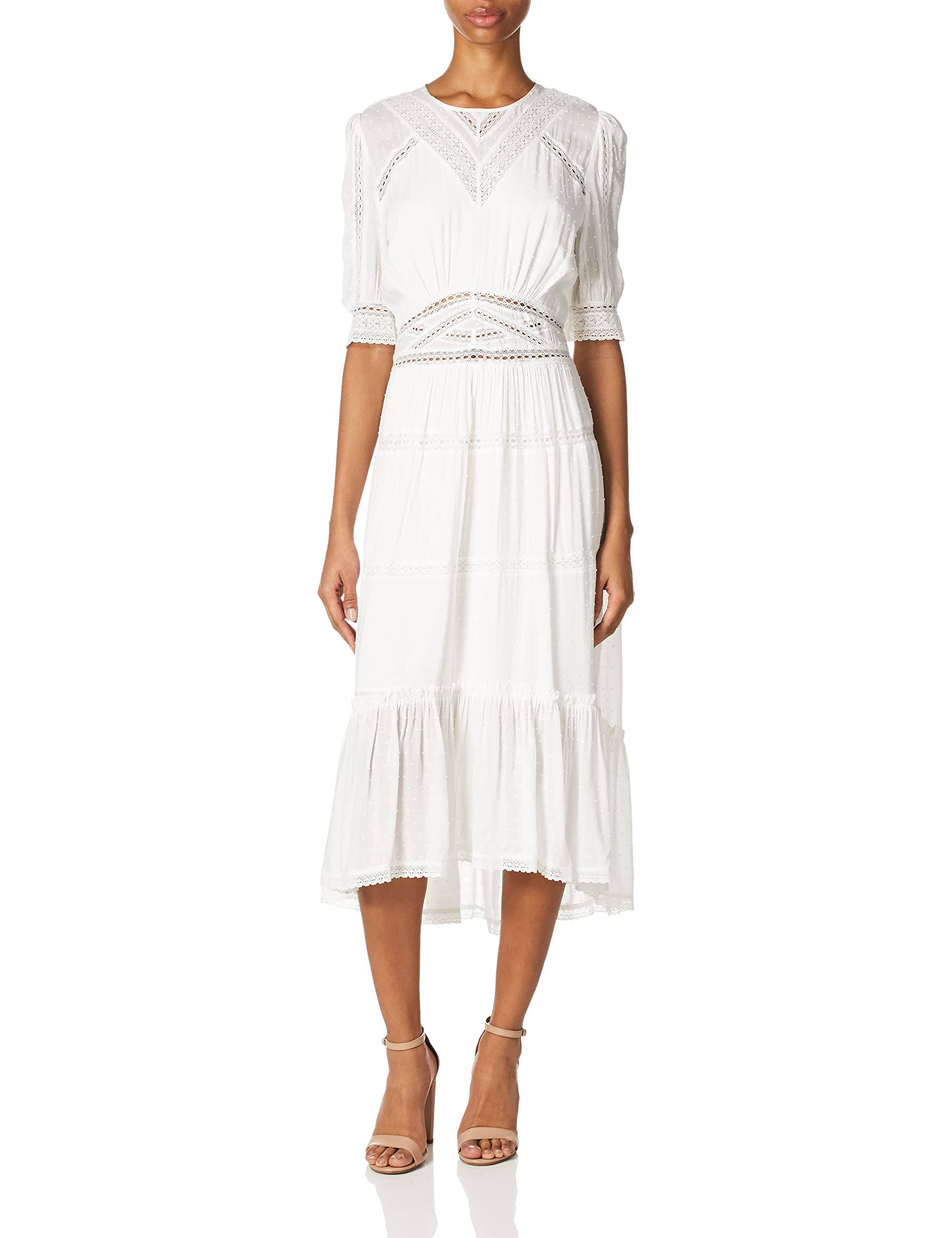 The Kooples, white midi dress, lace detailing, 2K Phone Wallpaper