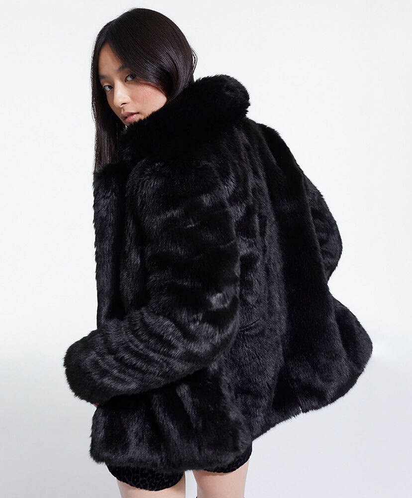 The Kooples, black fur coat, plush black faux fur coat, SD Phone Wallpaper