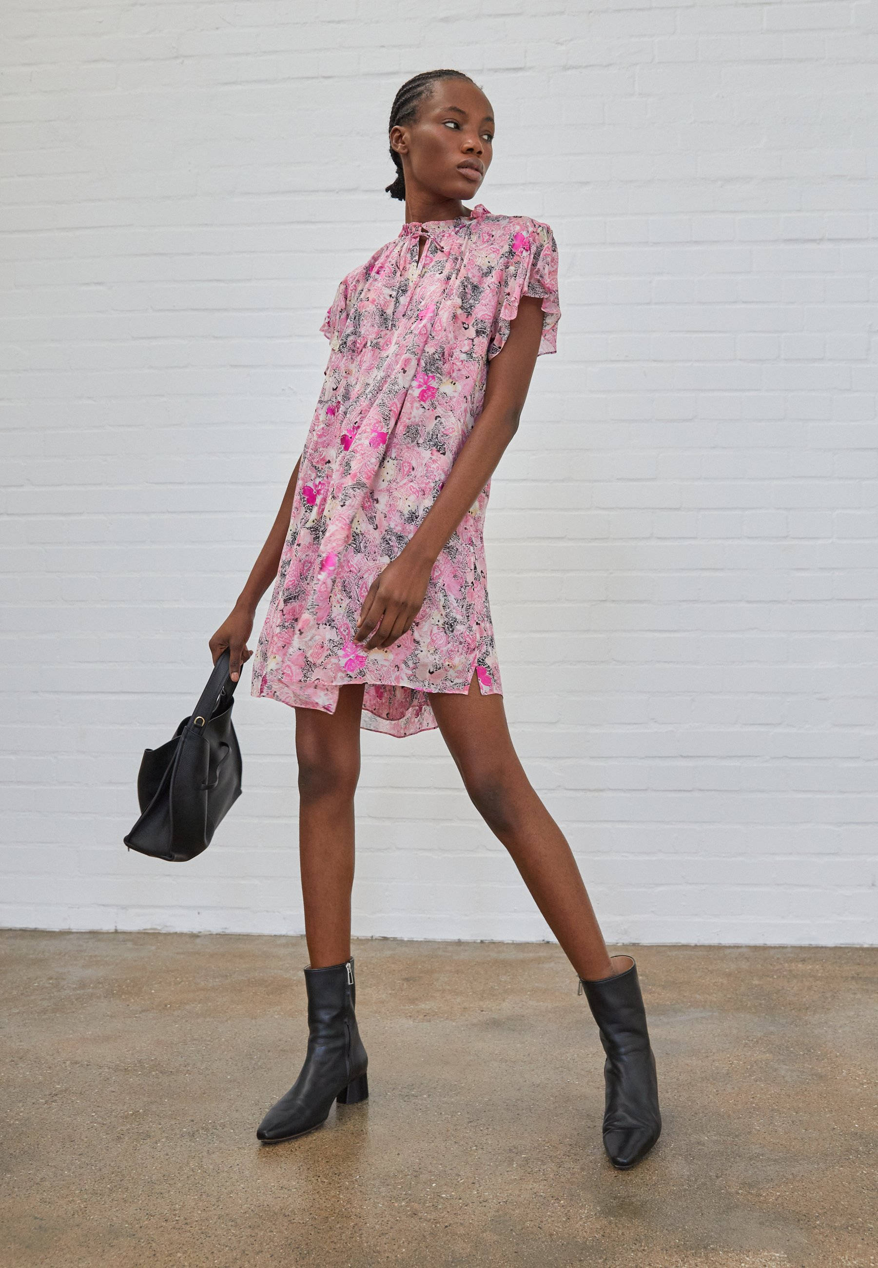 The Kooples, pink floral dress, black boots, 2K Phone Wallpaper