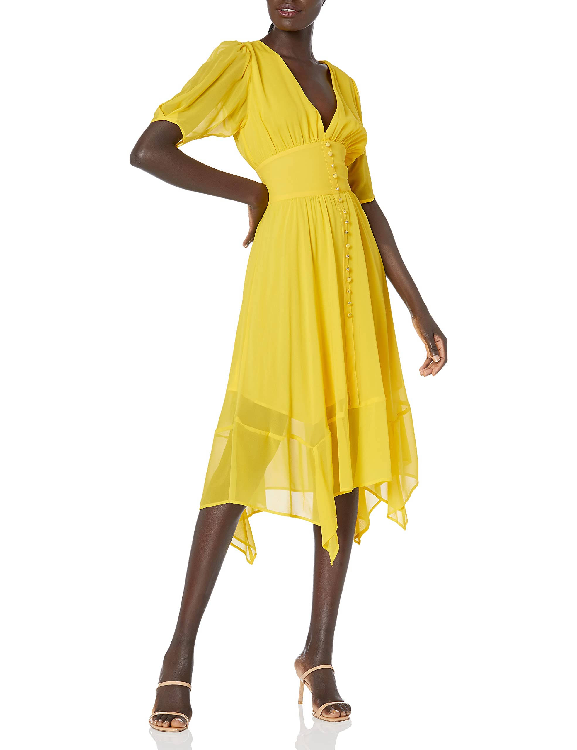 The Kooples, yellow, flowing dress, 2K Phone Wallpaper