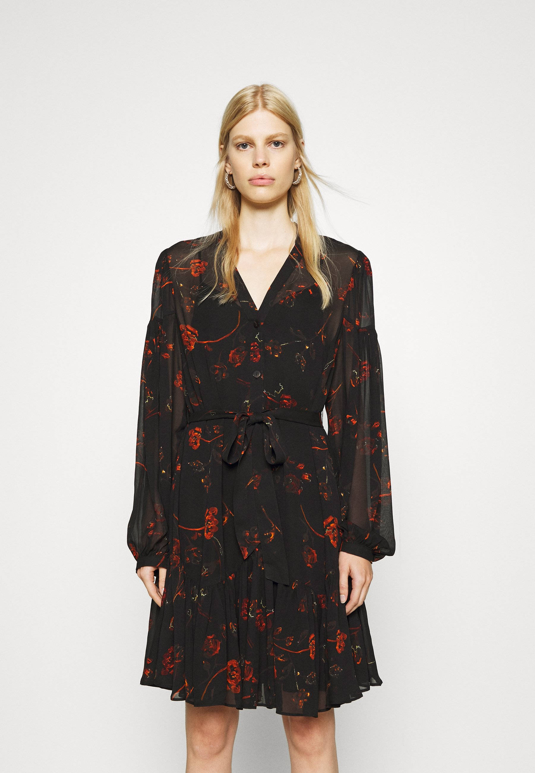 The Kooples, floral print, black floral dress, 2K Phone Wallpaper