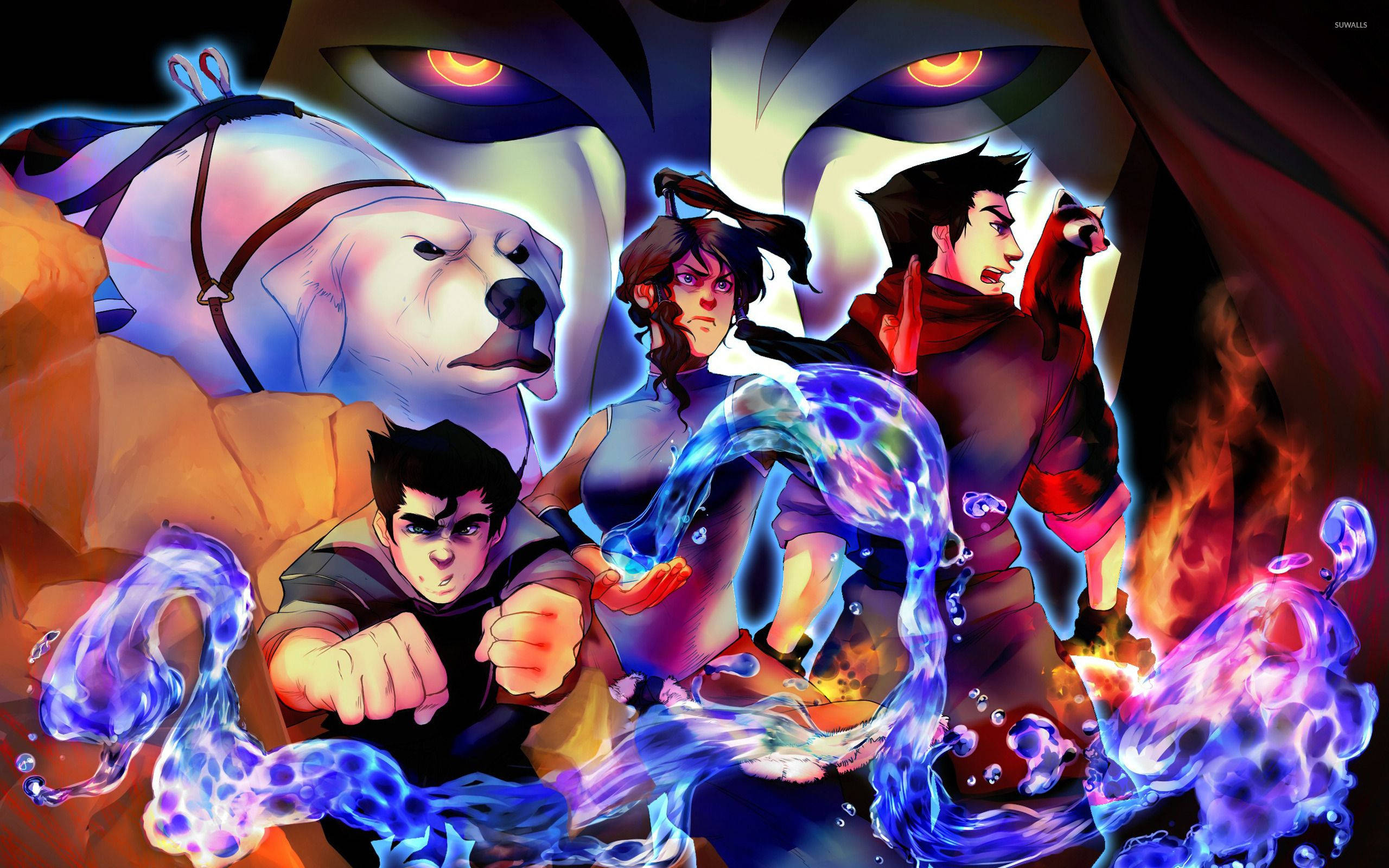 The Legend Of Korra, glowing blue elemental powers, giant masked figure, 2K Desktop Wallpaper
