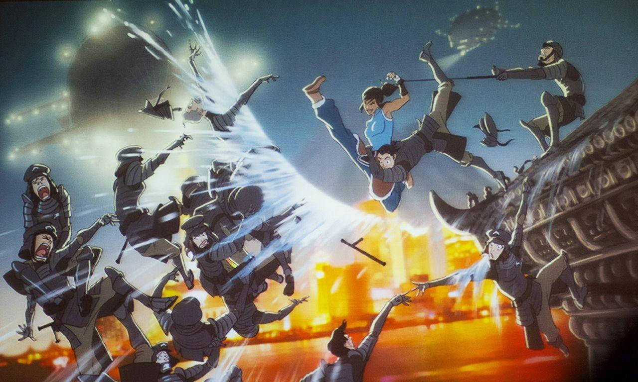The Legend of Korra, glowing energy blasts, fiery sunset cityscape, HD Desktop Wallpaper