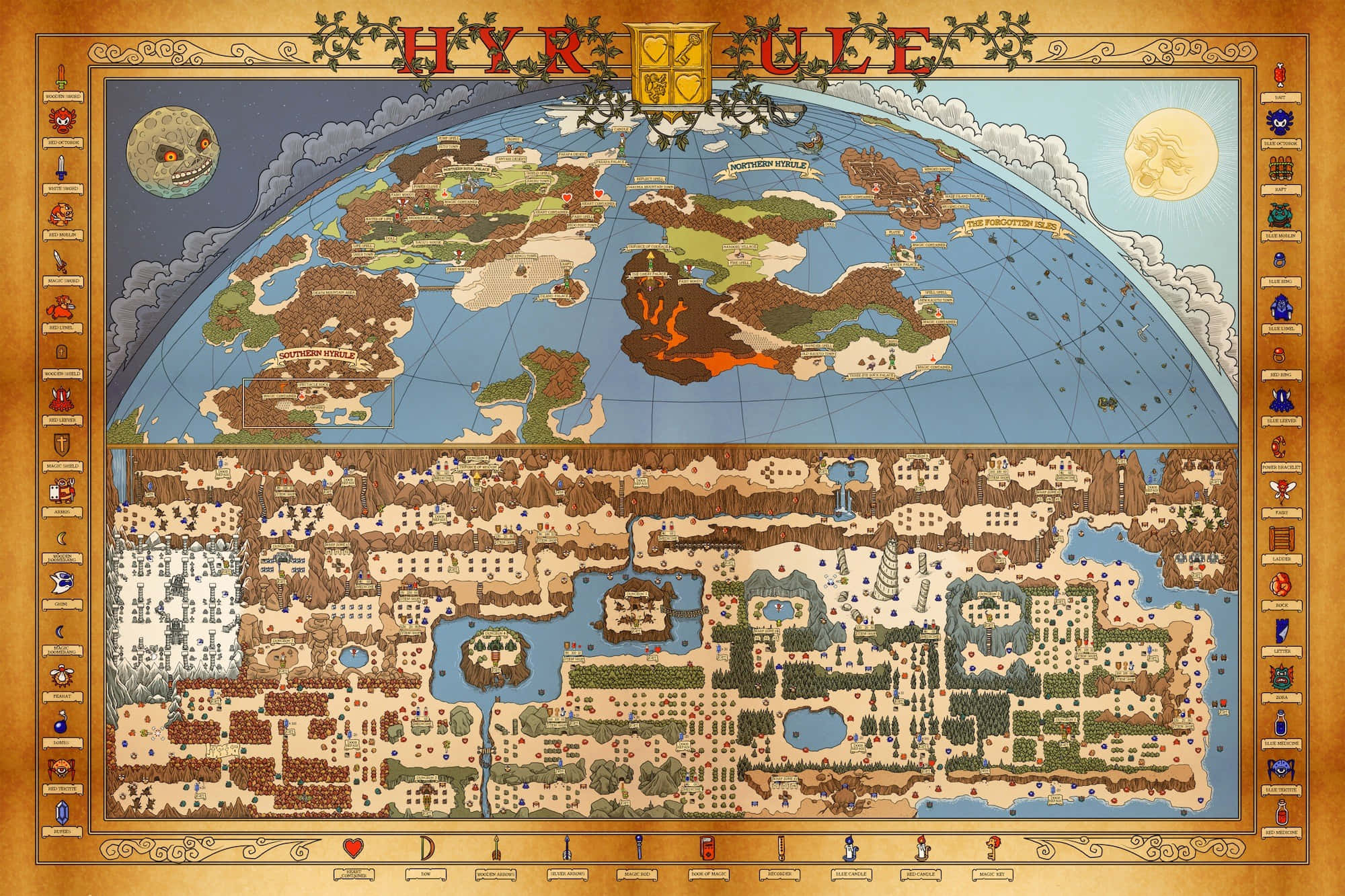 The Legend of Zelda: Hyrule, Hyrule, ornate illustrated map, Full HD Desktop Wallpaper