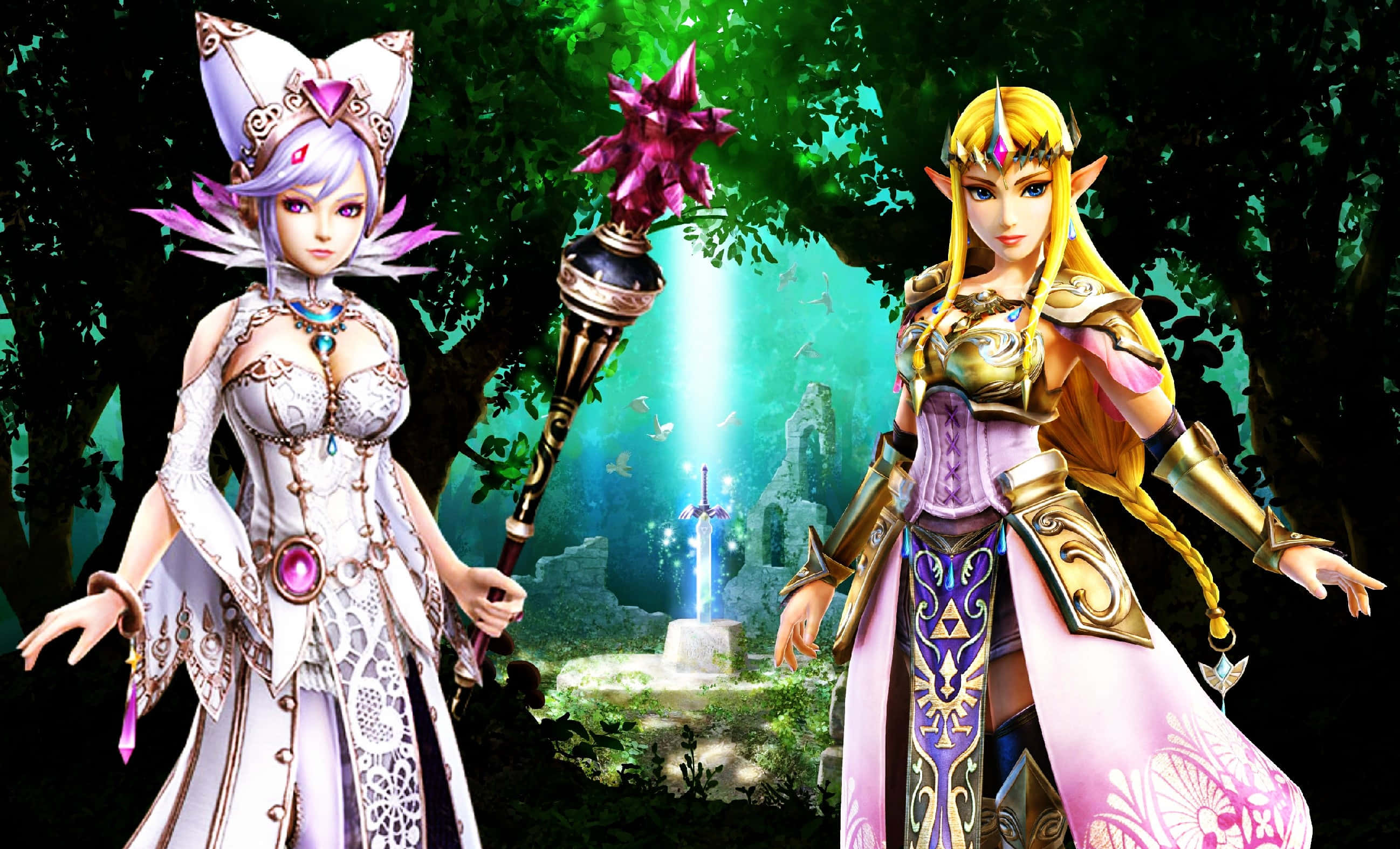 The Legend of Zelda: Hyrule, fantasy heroines, glowing sword, 2K Desktop Wallpaper