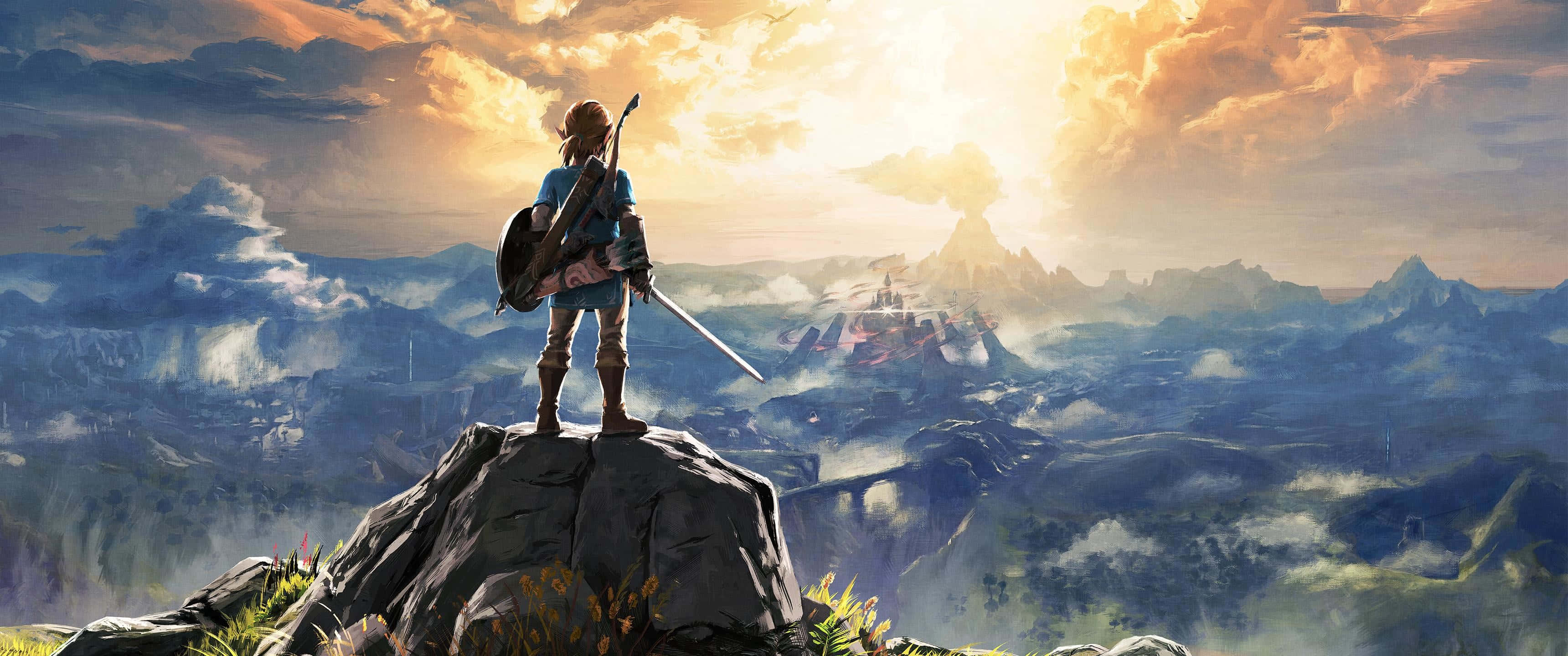 The Legend of Zelda Hyrule, sunset, rocky peak, 2K Desktop Wallpaper