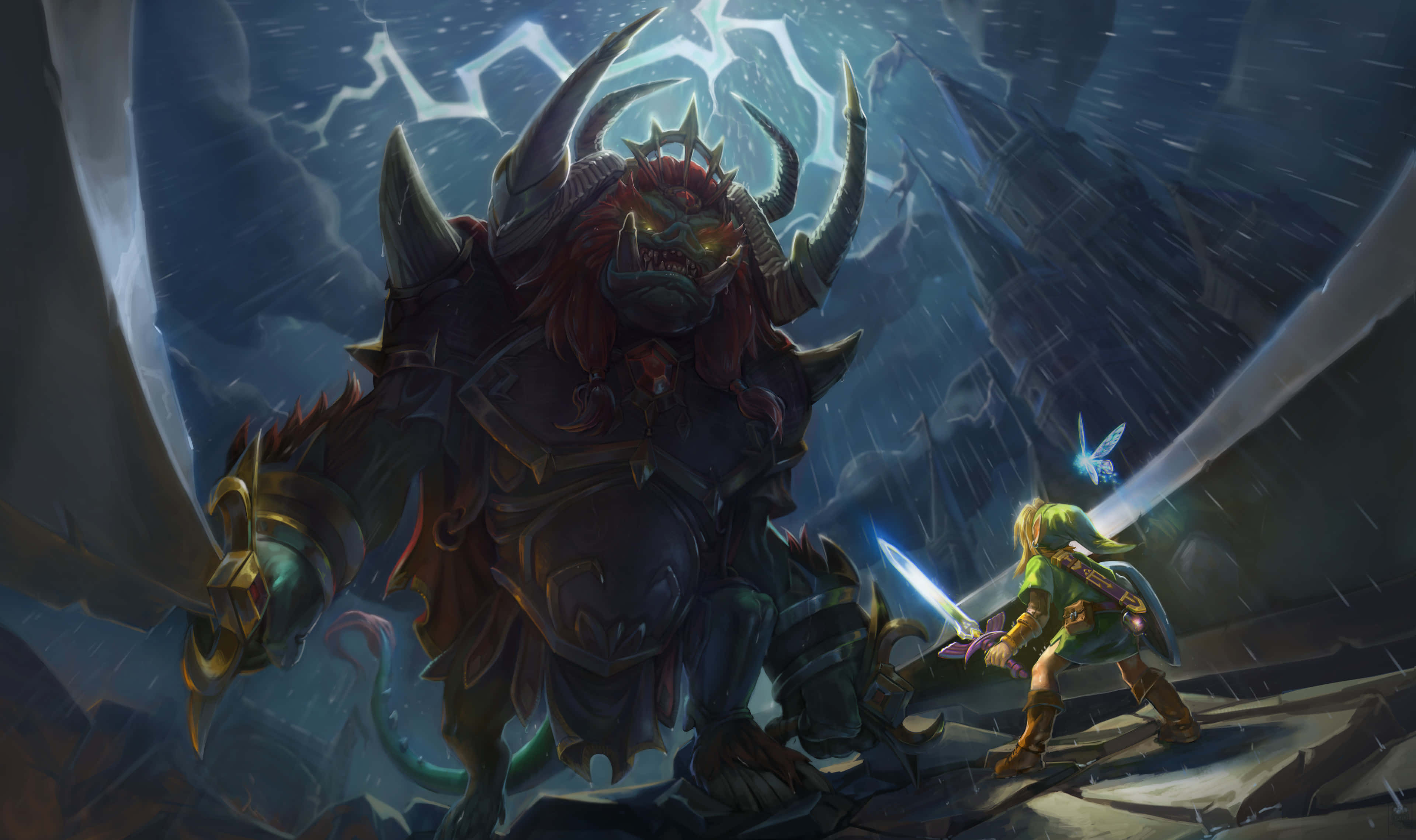 Zelda, green armor, massive horned demon, 4K Desktop Wallpaper