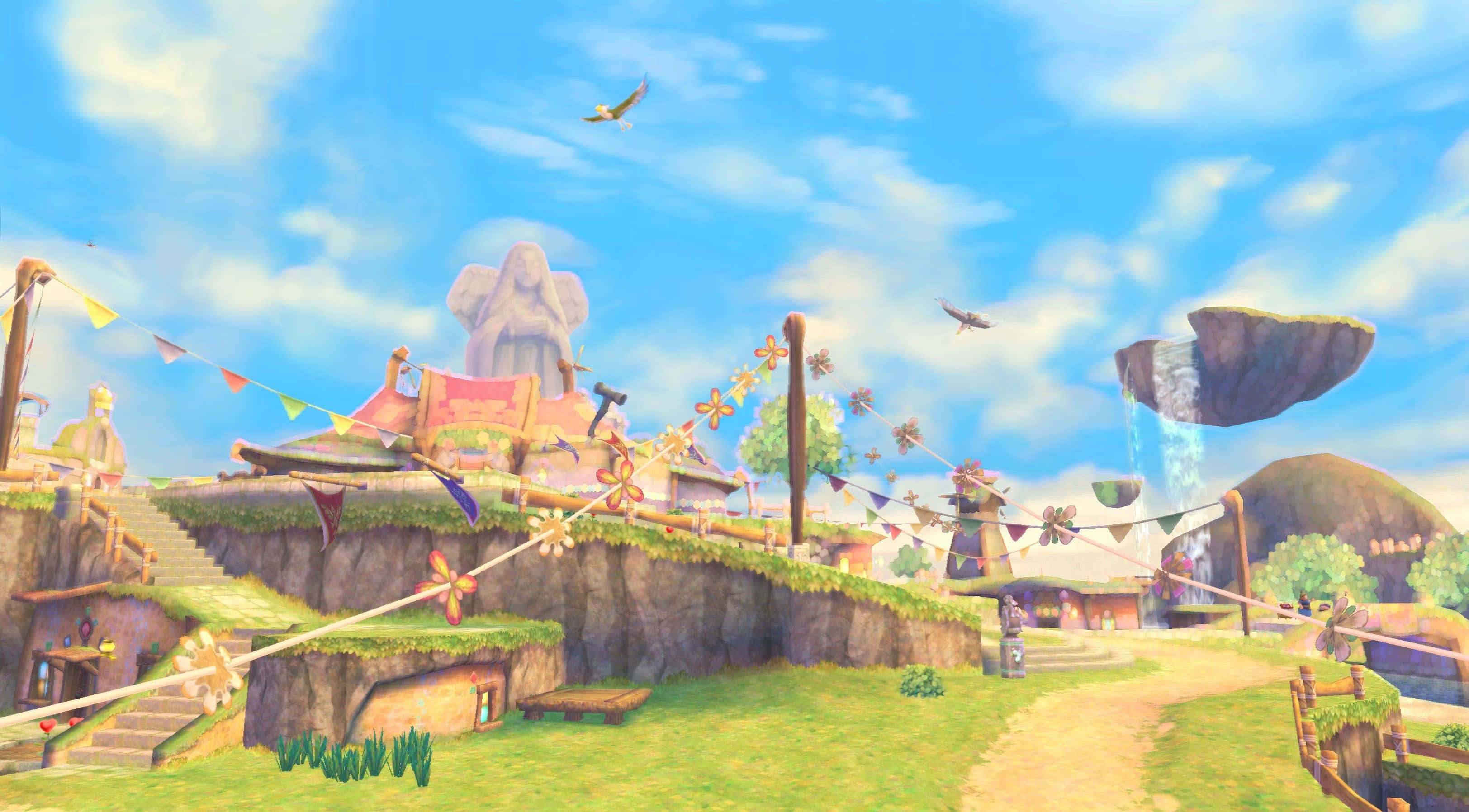 The Legend Of Zelda Skyward Sword, floating islands, vibrant fantasy village, 2K Desktop Wallpaper