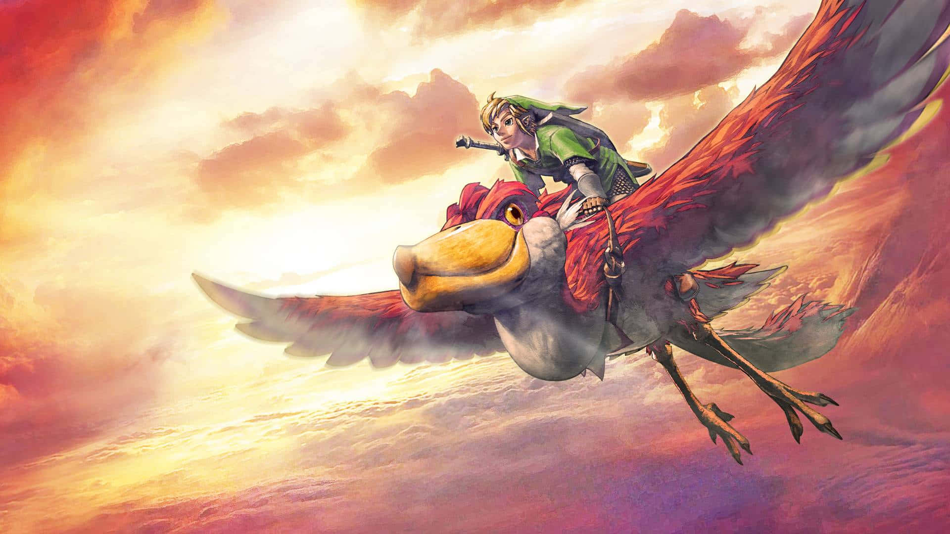 The Legend of Zelda: Skyward Sword, young hero in green, majestic red bird, Full HD Desktop Wallpaper