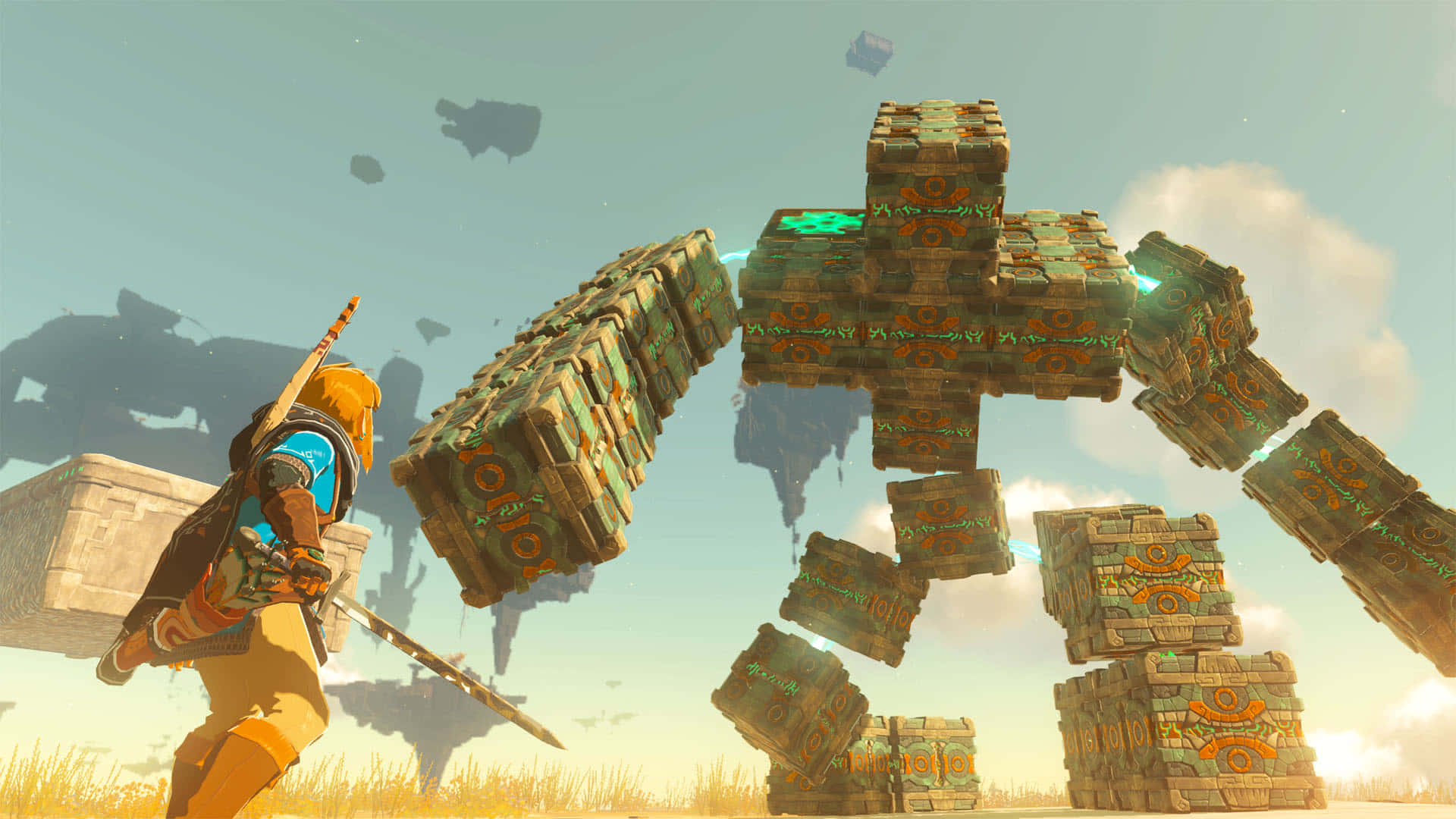 The Legend of Zelda: Tears of the Kingdom, golden armor, giant stone golem, Full HD Desktop Wallpaper