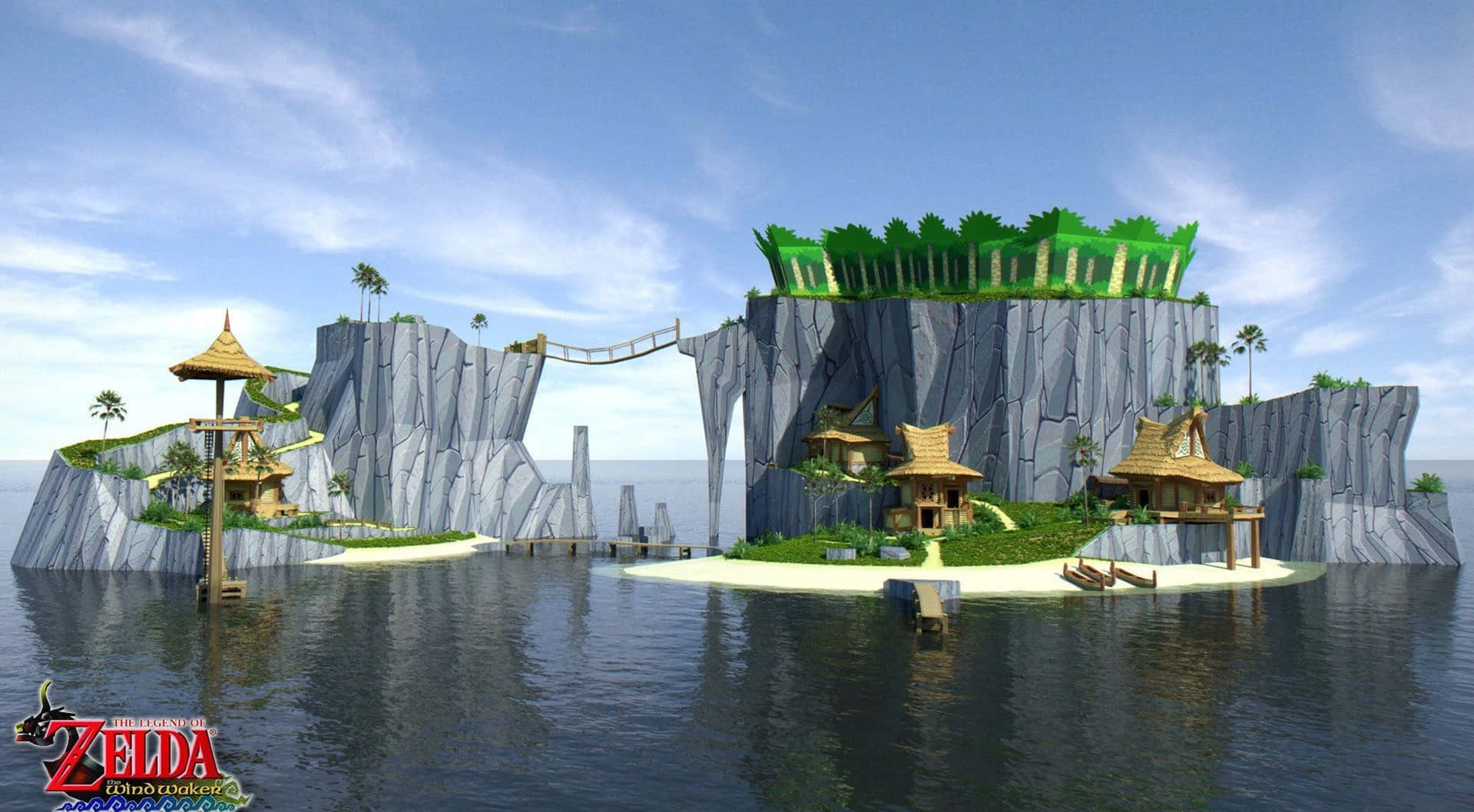 The Legend of Zelda: The Wind Waker, floating island village, wooden huts, HD Desktop Wallpaper