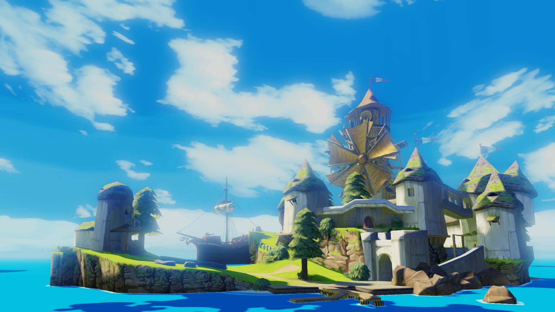 The Legend of Zelda: The Wind Waker, whimsical cartoon castle, windmills, Full HD Desktop Wallpaper