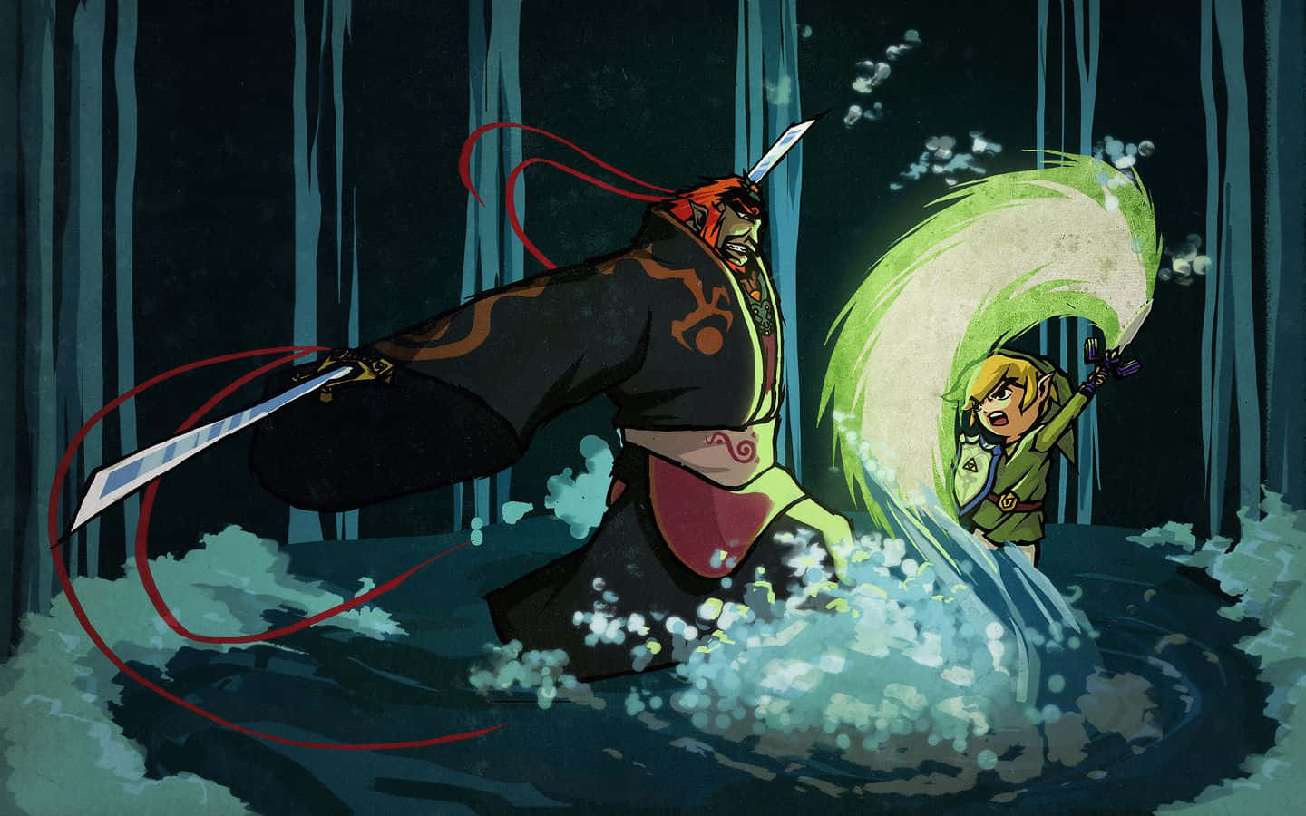 The Legend of Zelda: The Wind Waker, glowing green sword, dark red-haired warrior, HD Desktop Wallpaper