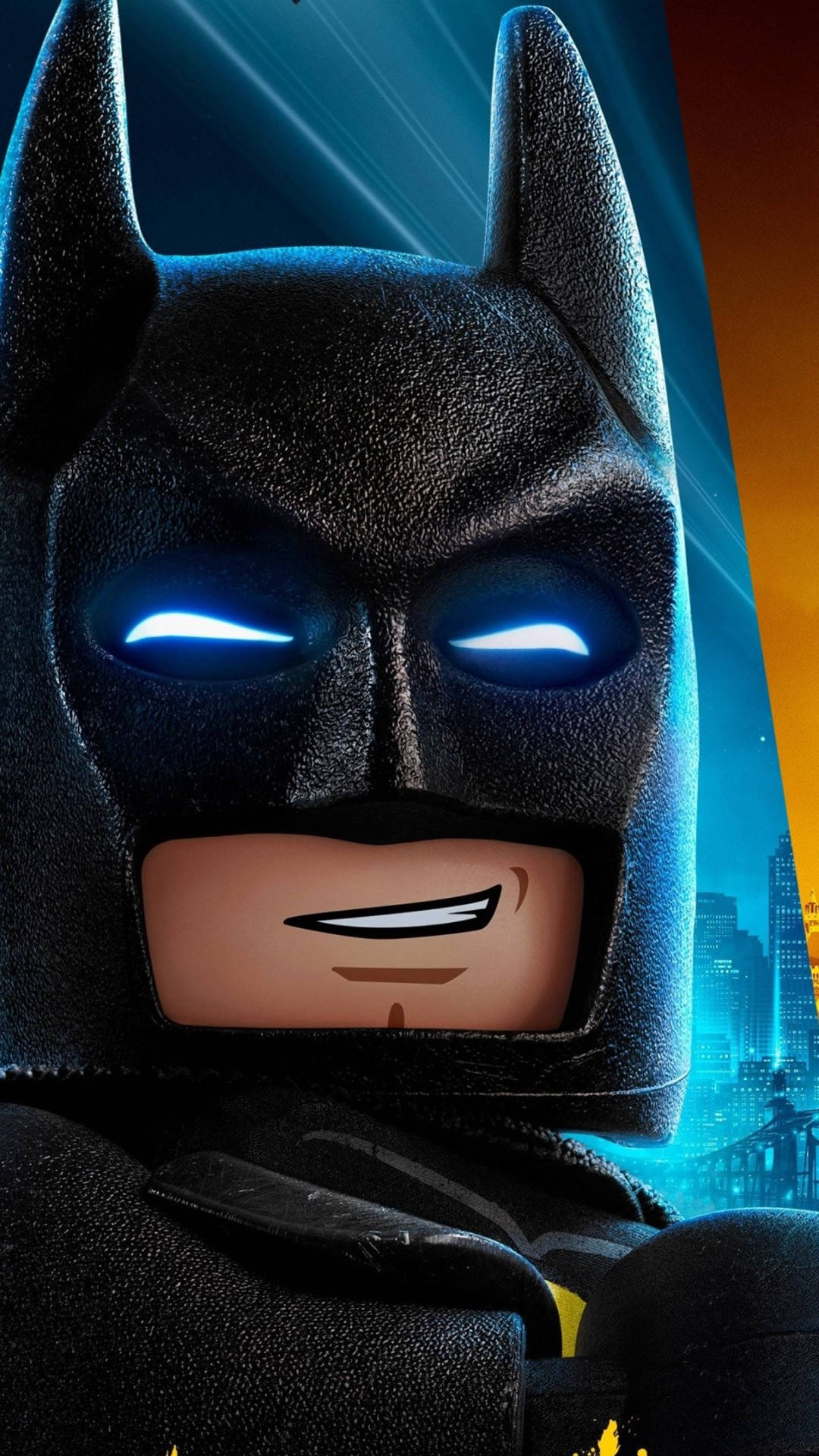 LEGO Batman, glowing blue eyes, vibrant city skyline, Full HD Phone Wallpaper