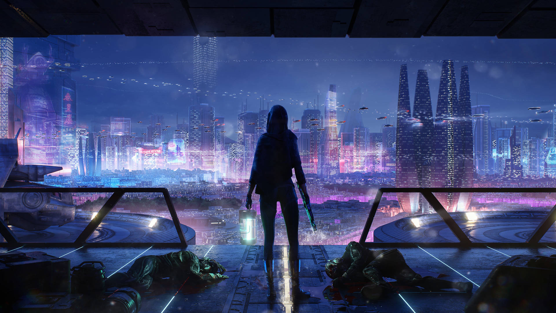 Night City, hooded figure, neon-lit cyberpunk cityscape, Full HD Desktop Wallpaper