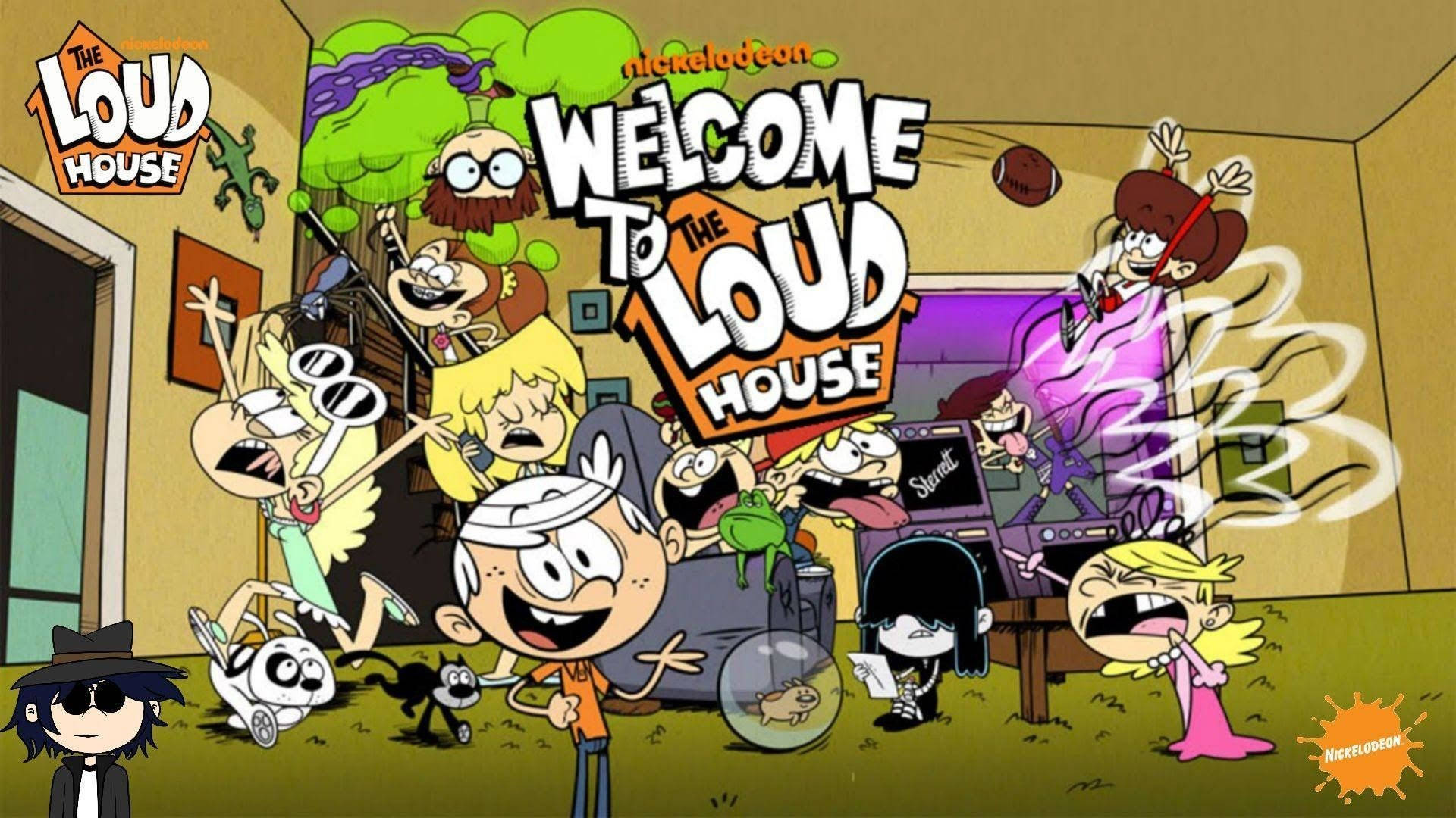 The Loud House, chaotic cartoon family scene, characters bursting through walls, Full HD Desktop Wallpaper