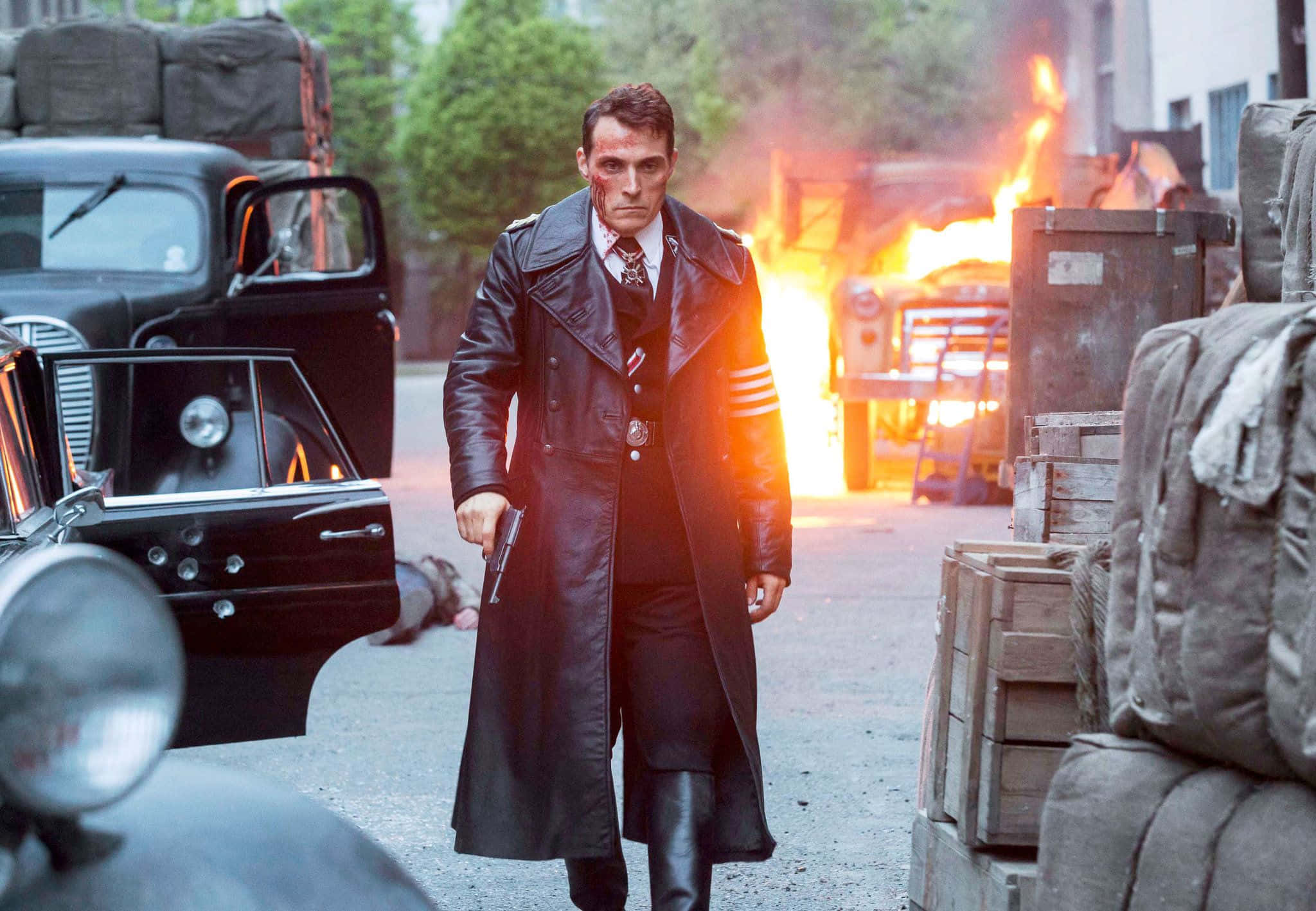 The Man In The High Castle, black leather trench coat, war-torn street, Full HD Desktop Wallpaper