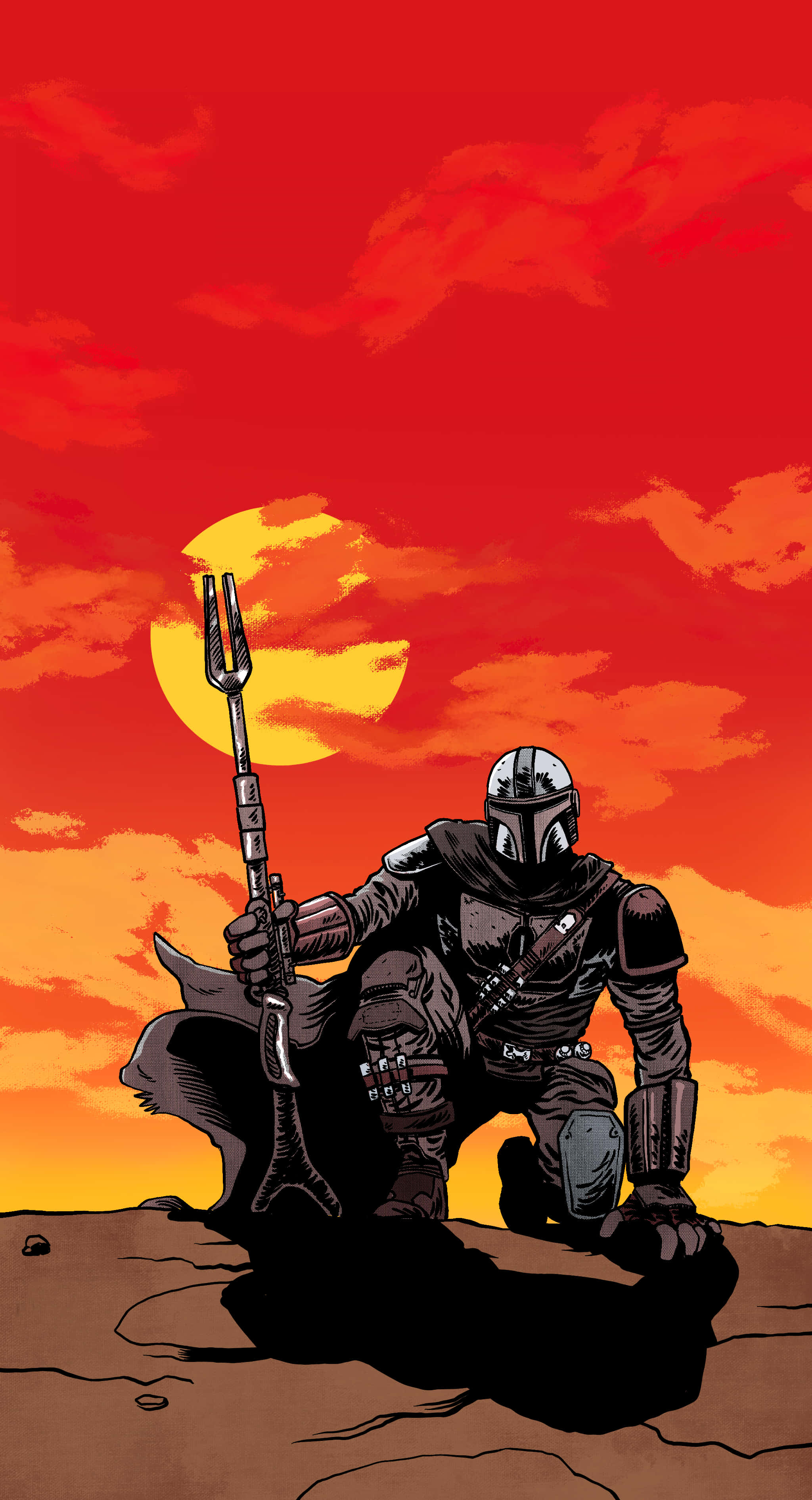 The Mandalorian, desert planet, fiery red sunset, 2K Phone Wallpaper