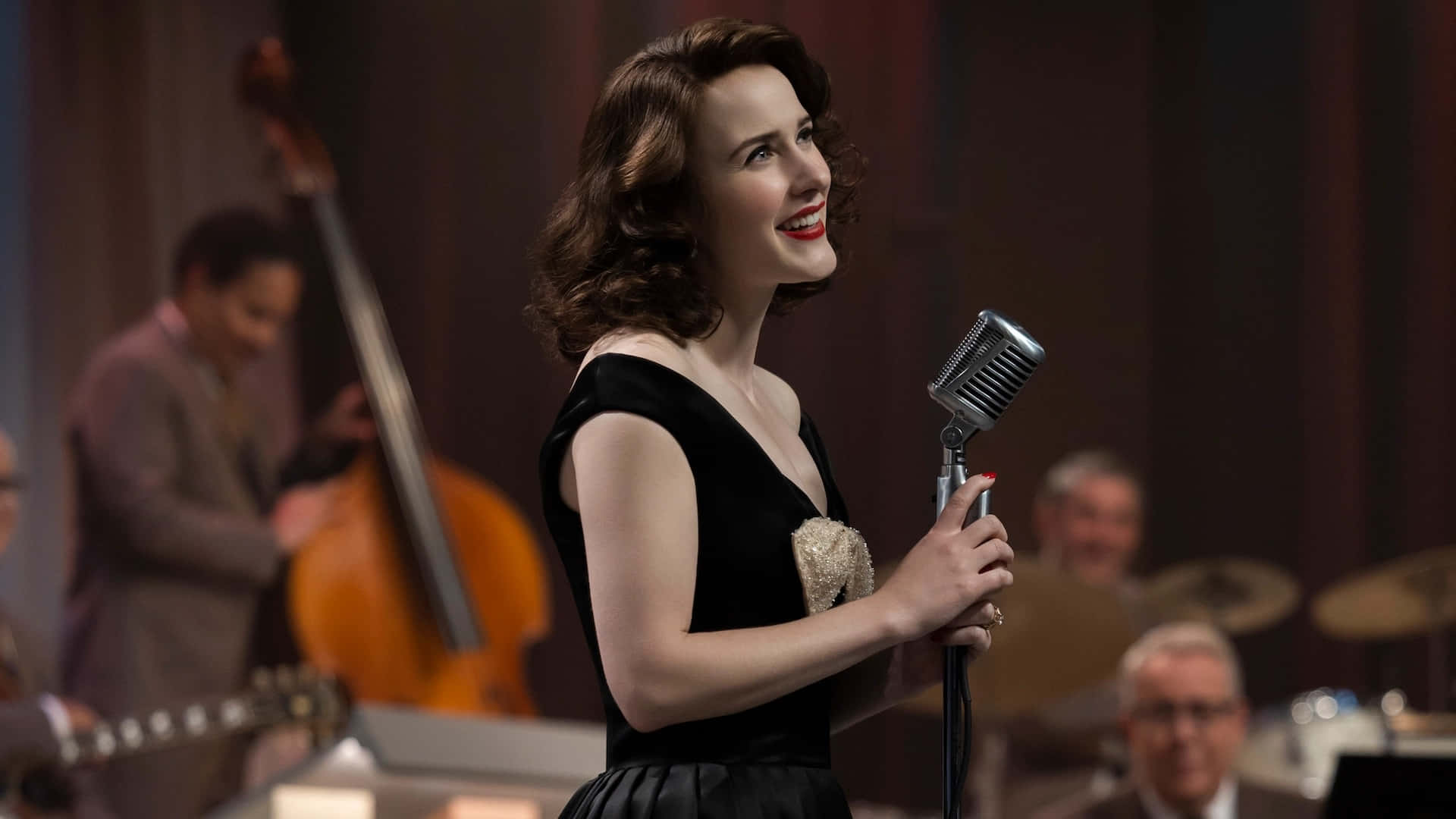 The Marvelous Mrs Maisel, black dress, vintage microphone, Full HD Desktop Wallpaper