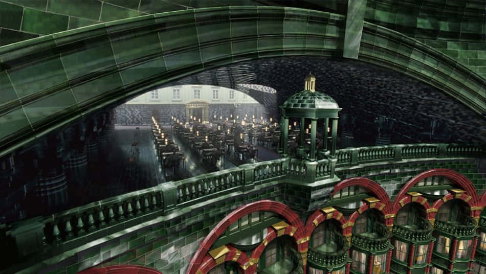 The Ministry Of Magic, green tiled arches, red balconies, SD Desktop Wallpaper