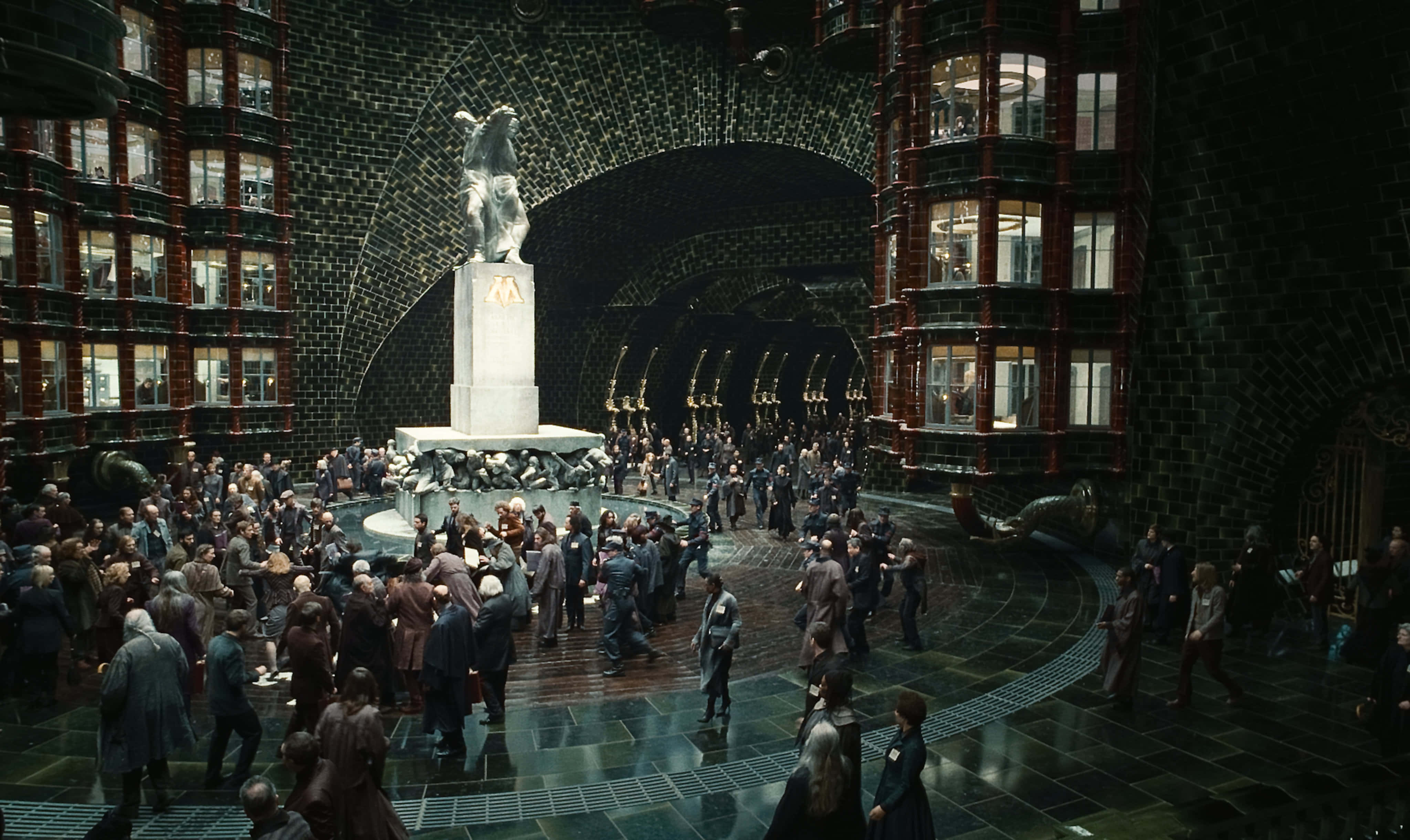 The Ministry Of Magic, circular atrium, dark tiled walls, 4K Desktop Wallpaper