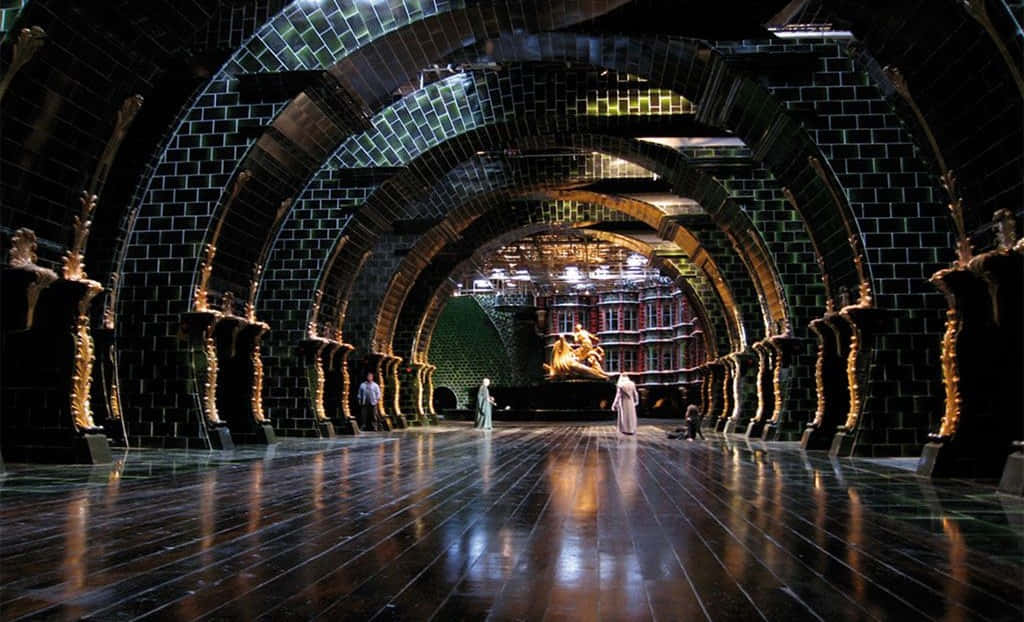 The Ministry of Magic, black tiled arches, golden accents, SD Desktop Wallpaper