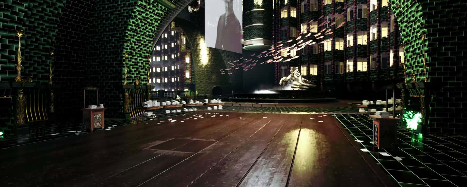 The Ministry Of Magic, green glowing brick walls, wooden floor, Full HD Desktop Wallpaper