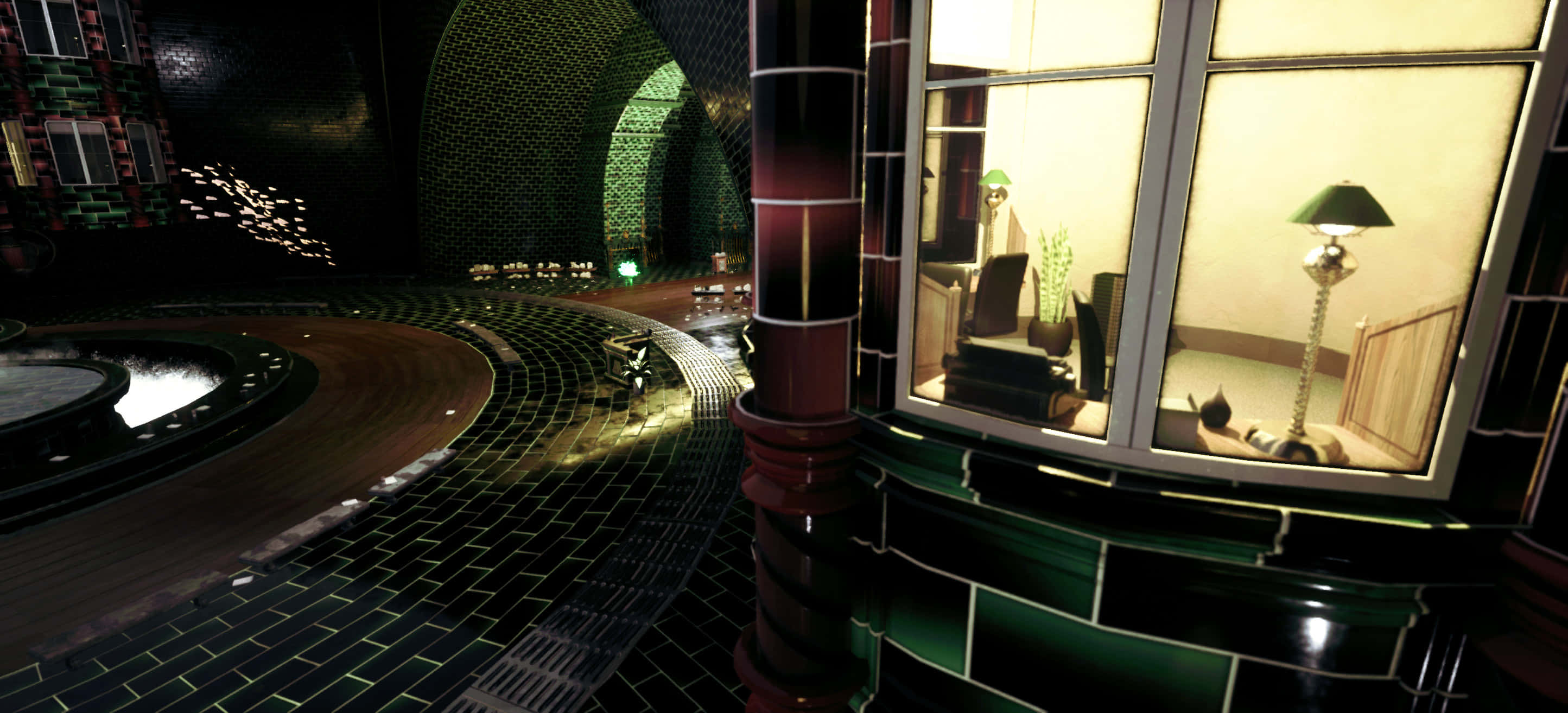 The Ministry of Magic, green tiled walls, curved reflective floor, 2K Desktop Wallpaper