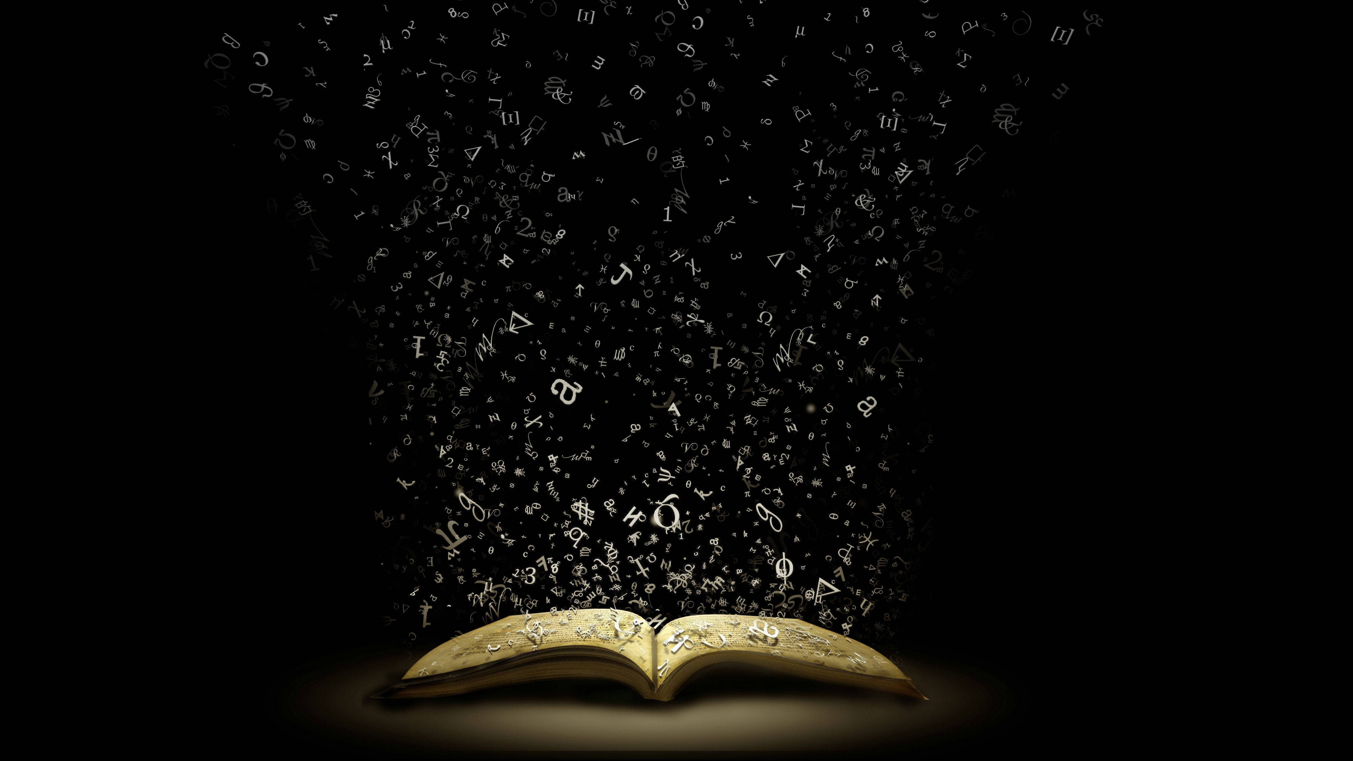 golden book, glowing floating letters, dark background, 5K Desktop Wallpaper