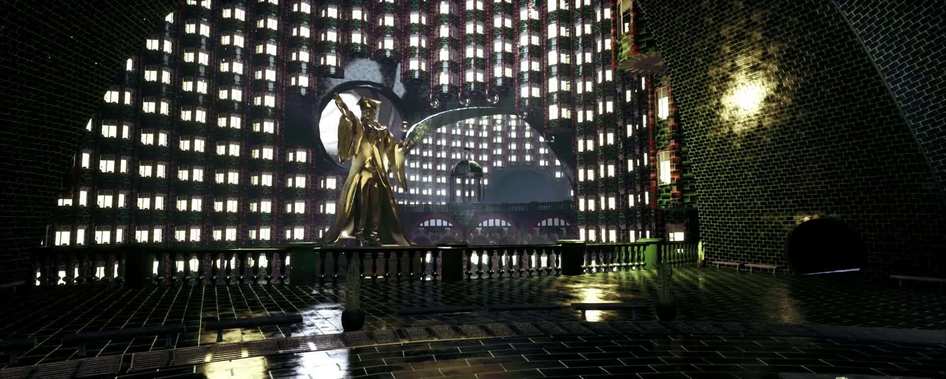 The Ministry of Magic, golden statue, wet tiled balcony, Full HD Desktop Wallpaper