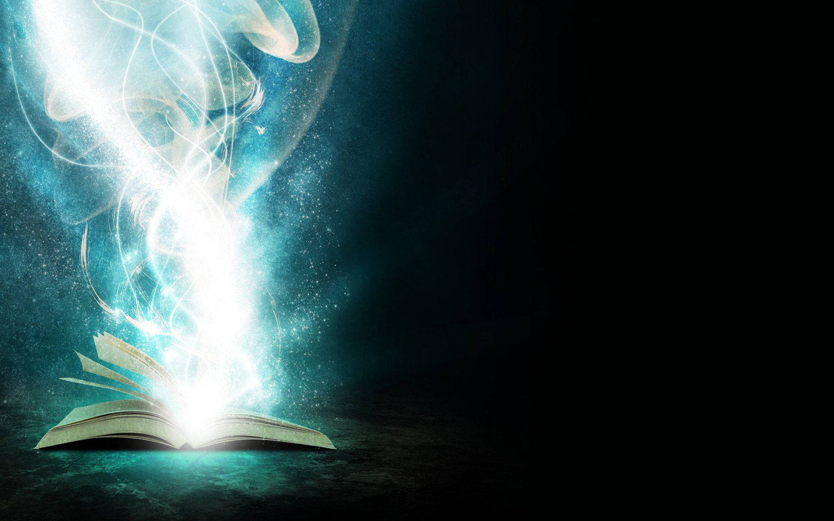 book, glowing blue-white magical energy, dark cosmic background, HD Desktop Wallpaper