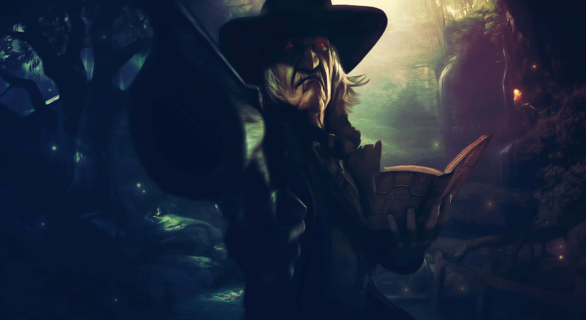 hooded witch, glowing red eyes, ancient book, Full HD Desktop Wallpaper