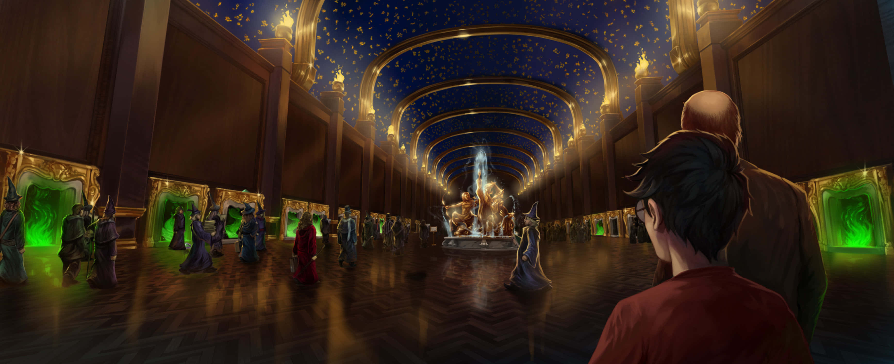 The Ministry Of Magic, starry ceiling, glowing green portals, 2K Desktop Wallpaper