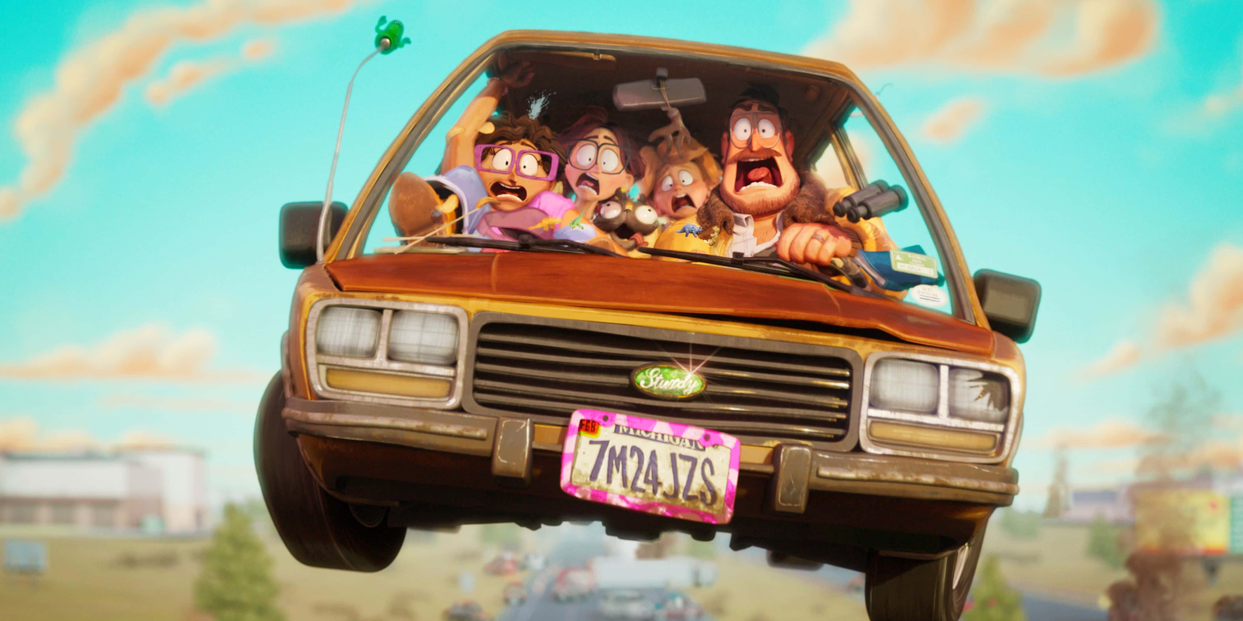 Mitchells, flying rusty car, bright blue sky, 4K Desktop Wallpaper
