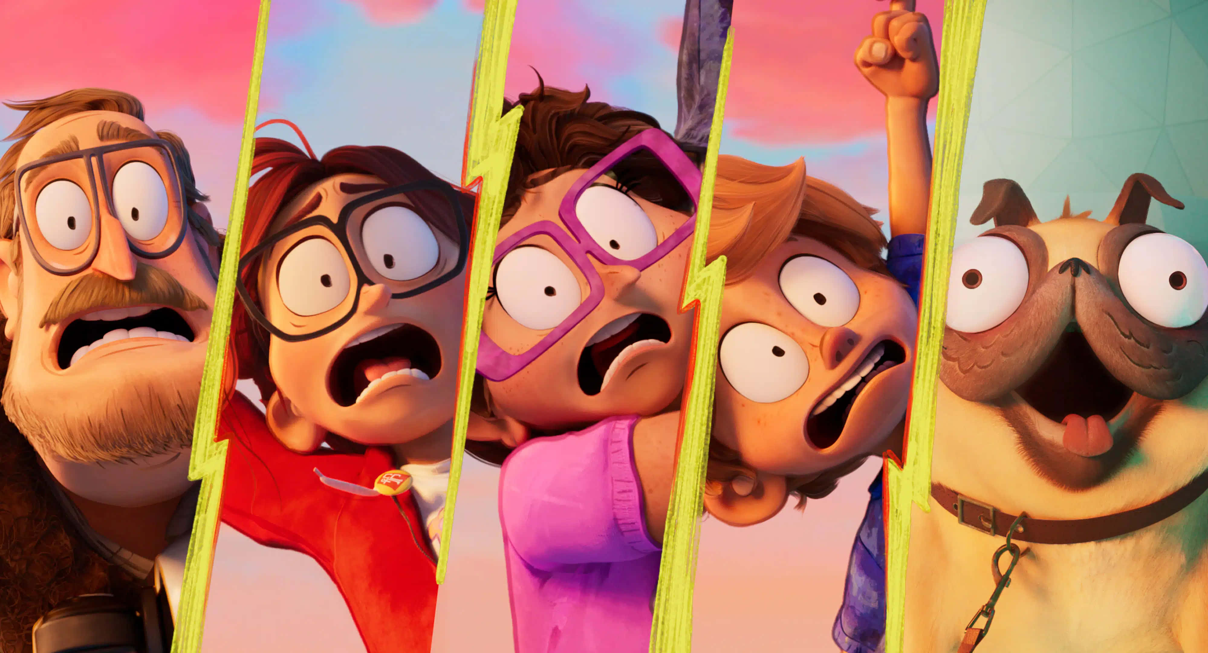 The Mitchells Vs The Machines, glowing yellow lightning bars, pink and blue sky, 4K Desktop Wallpaper