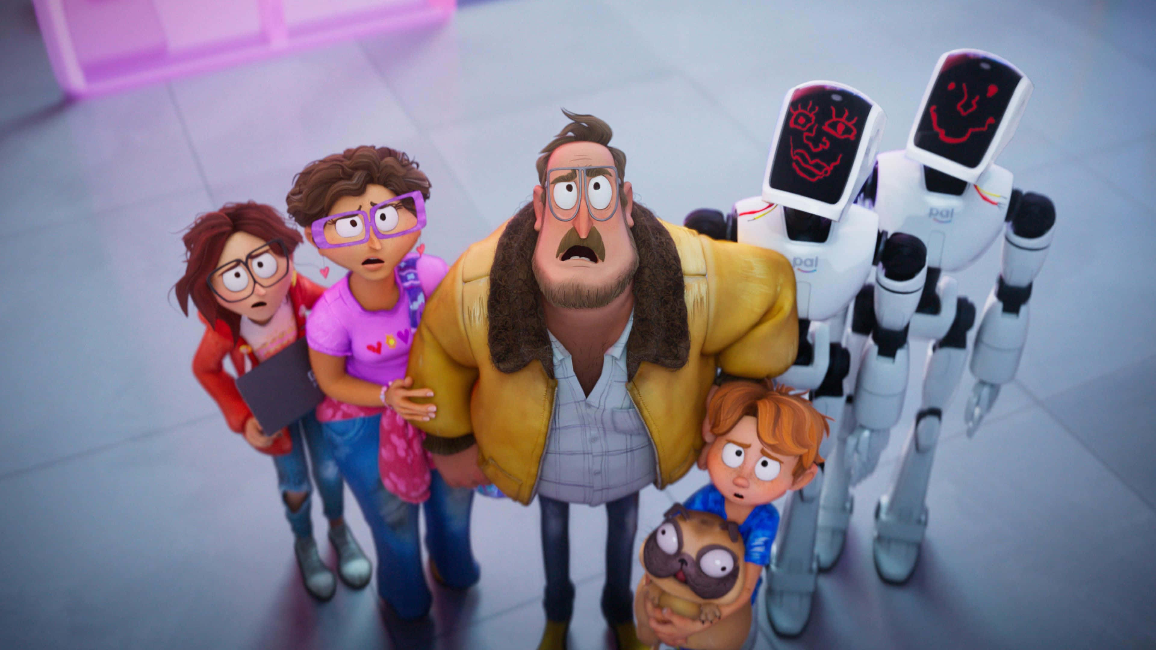 The Mitchells Vs The Machines, robots with red face screens, futuristic room, 4K Desktop Wallpaper