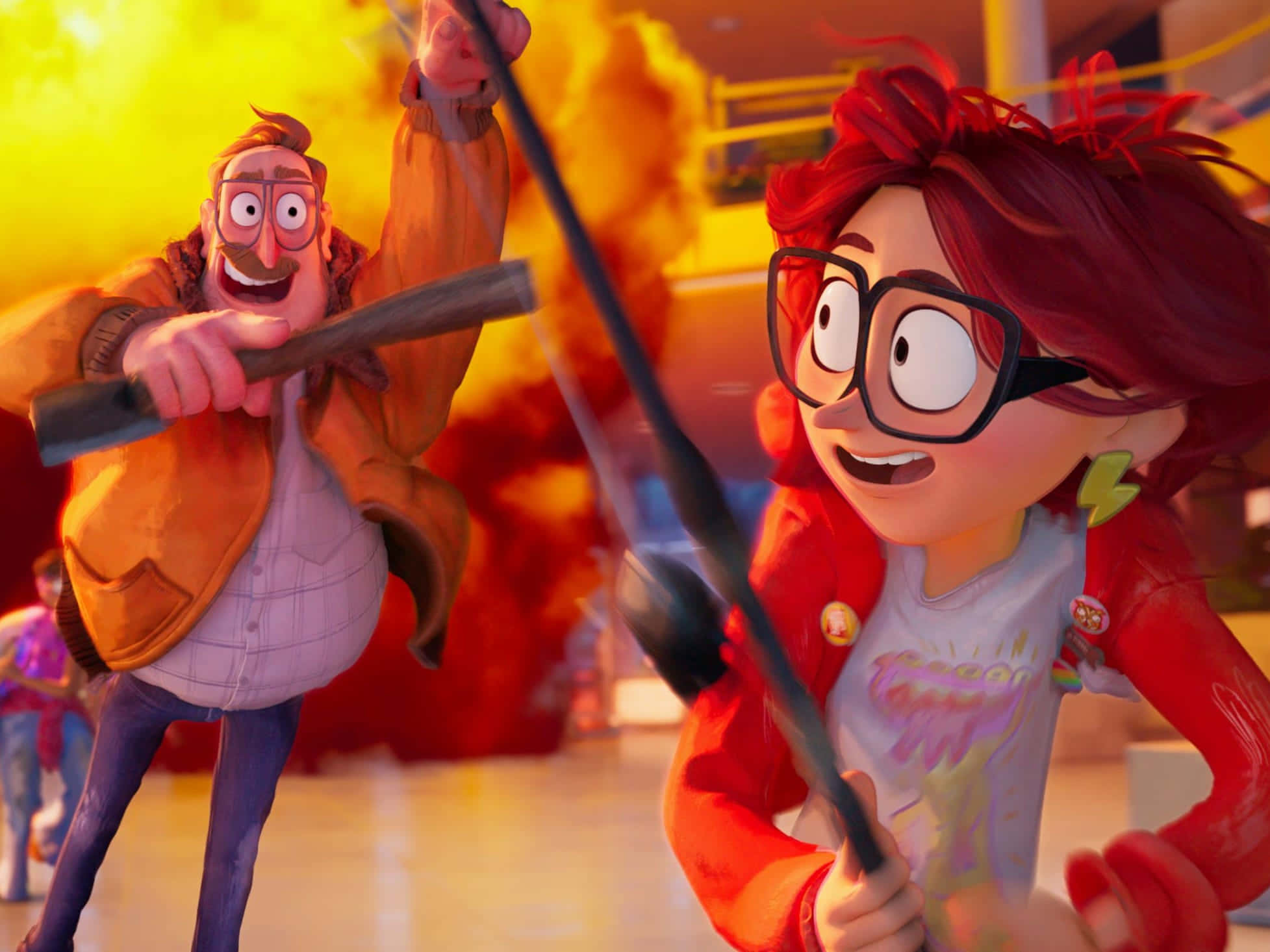 The Mitchells Vs The Machines, vibrant red and orange outfits, batons, Full HD Desktop Wallpaper