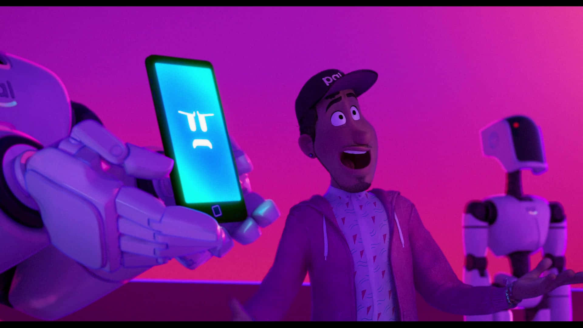 The Mitchells Vs The Machines, robot hand, phone displaying a sad face, Full HD Desktop Wallpaper