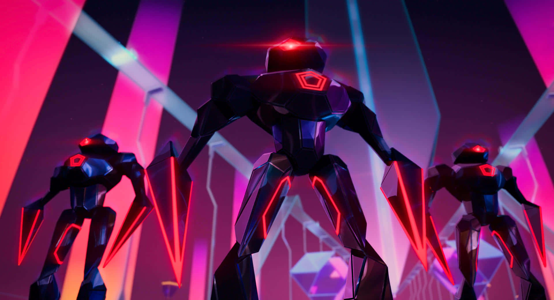 futuristic robot sentinels, Mitchells Vs Machines, neon-lit corridor, Full HD Desktop Wallpaper