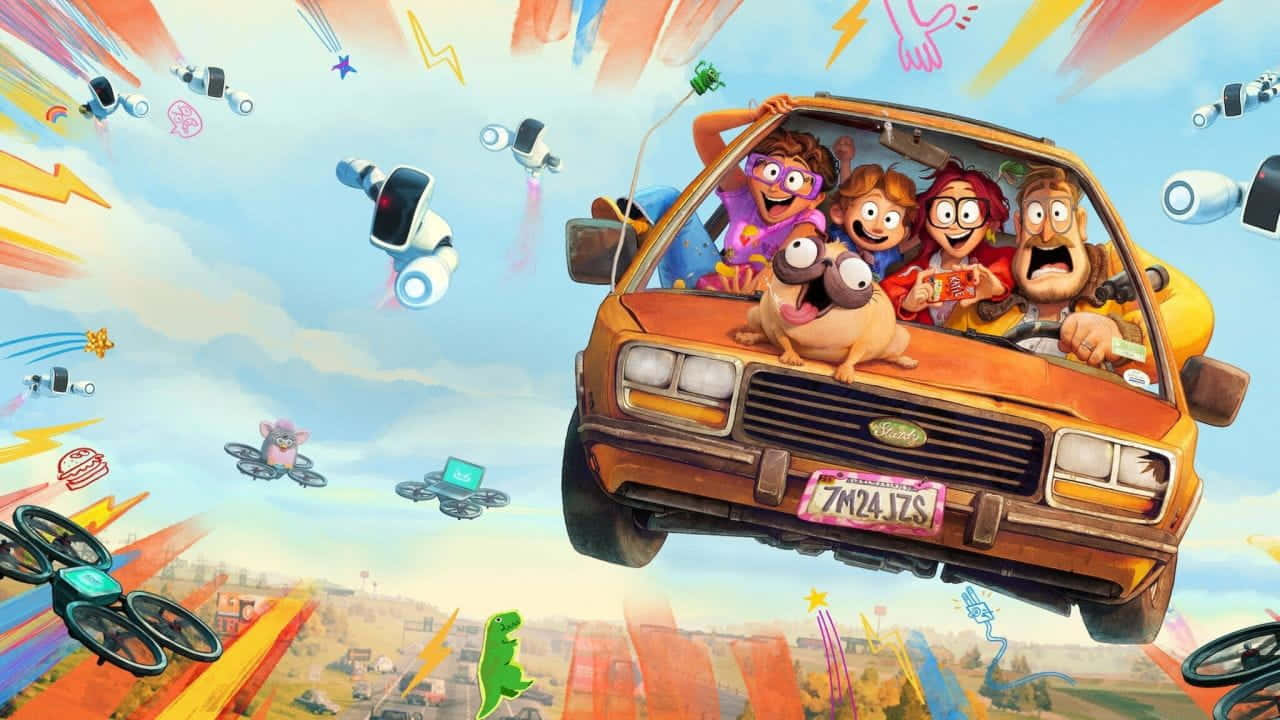 The Mitchells Vs The Machines, flying orange car, drones, HD Desktop Wallpaper