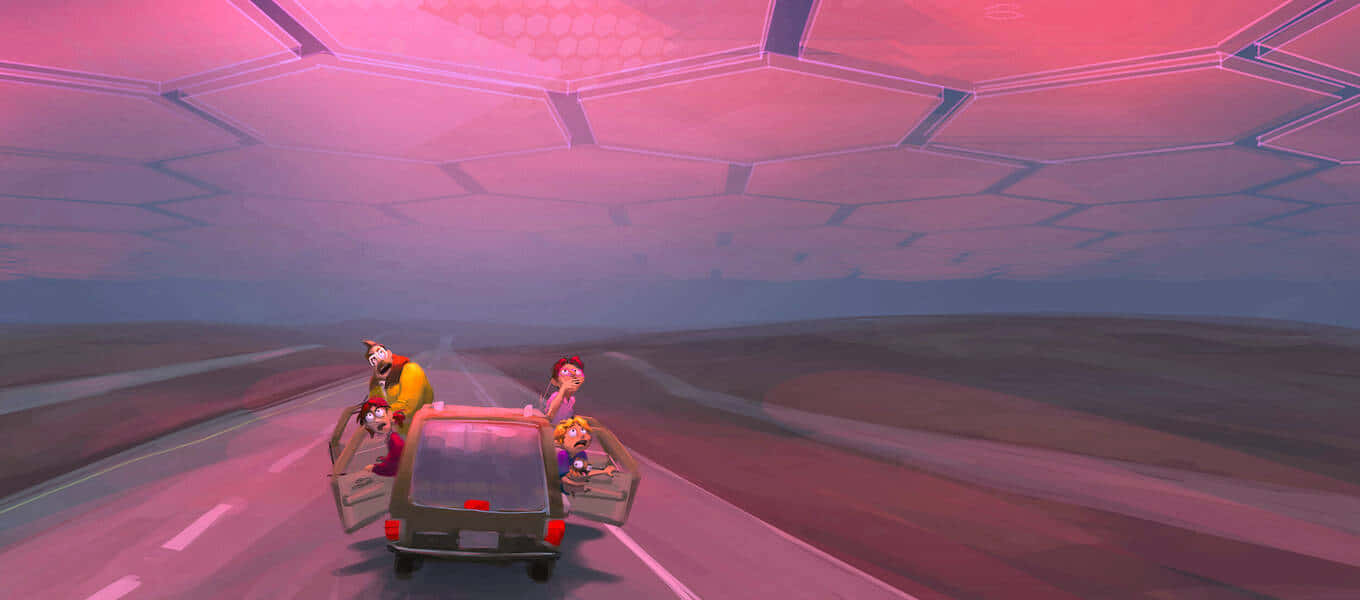 The Mitchells Vs The Machines, van, glowing pink hexagonal tunnel ceiling, HD Desktop Wallpaper