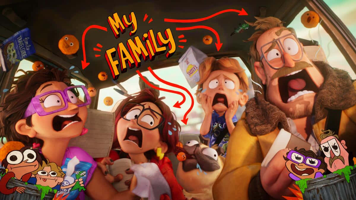 The Mitchells Vs The Machines, family chaos car scene, floating orange faces, SD Desktop Wallpaper