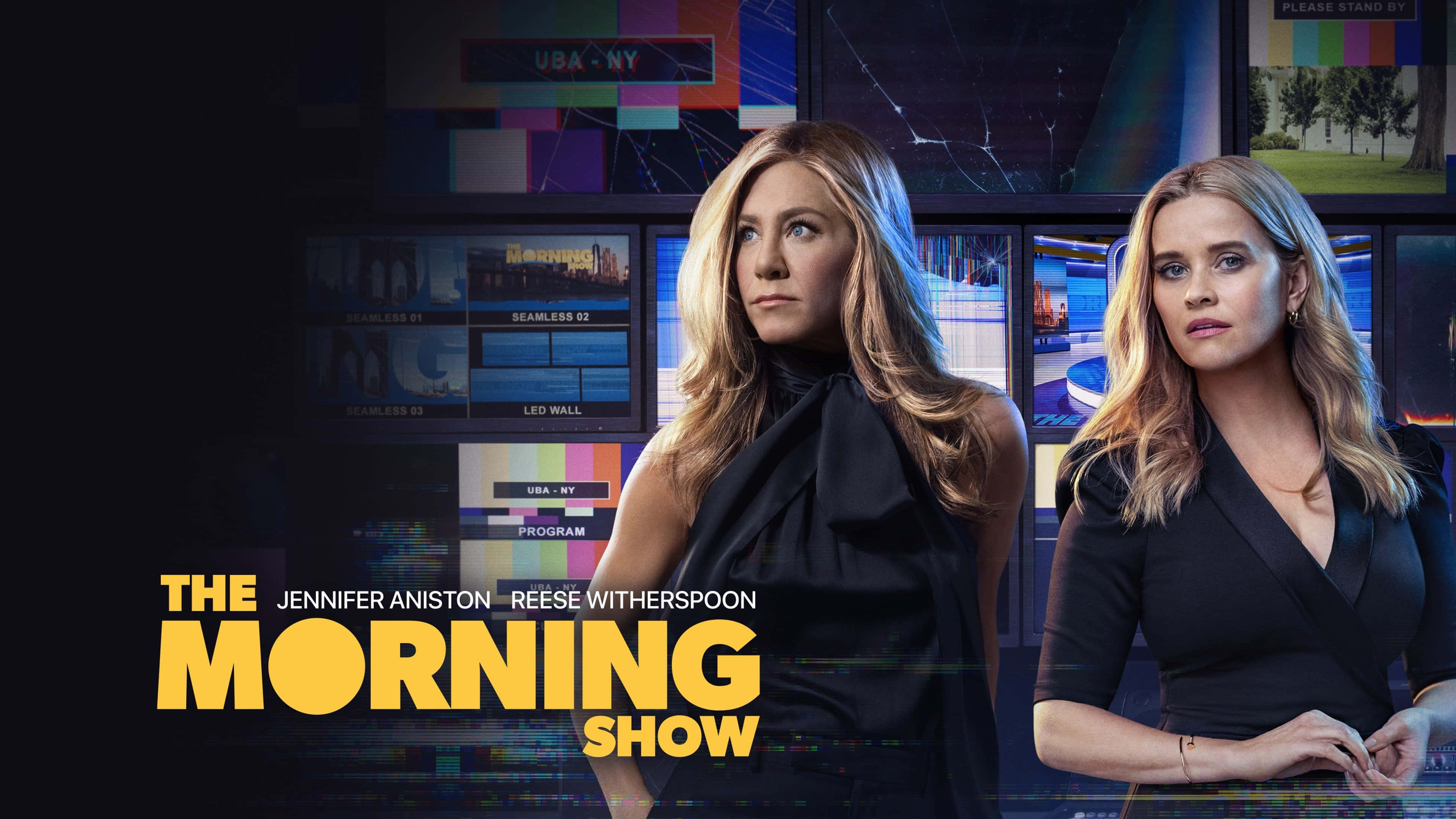 The Morning Show, black dresses, wall of TV screens, 4K Desktop Wallpaper