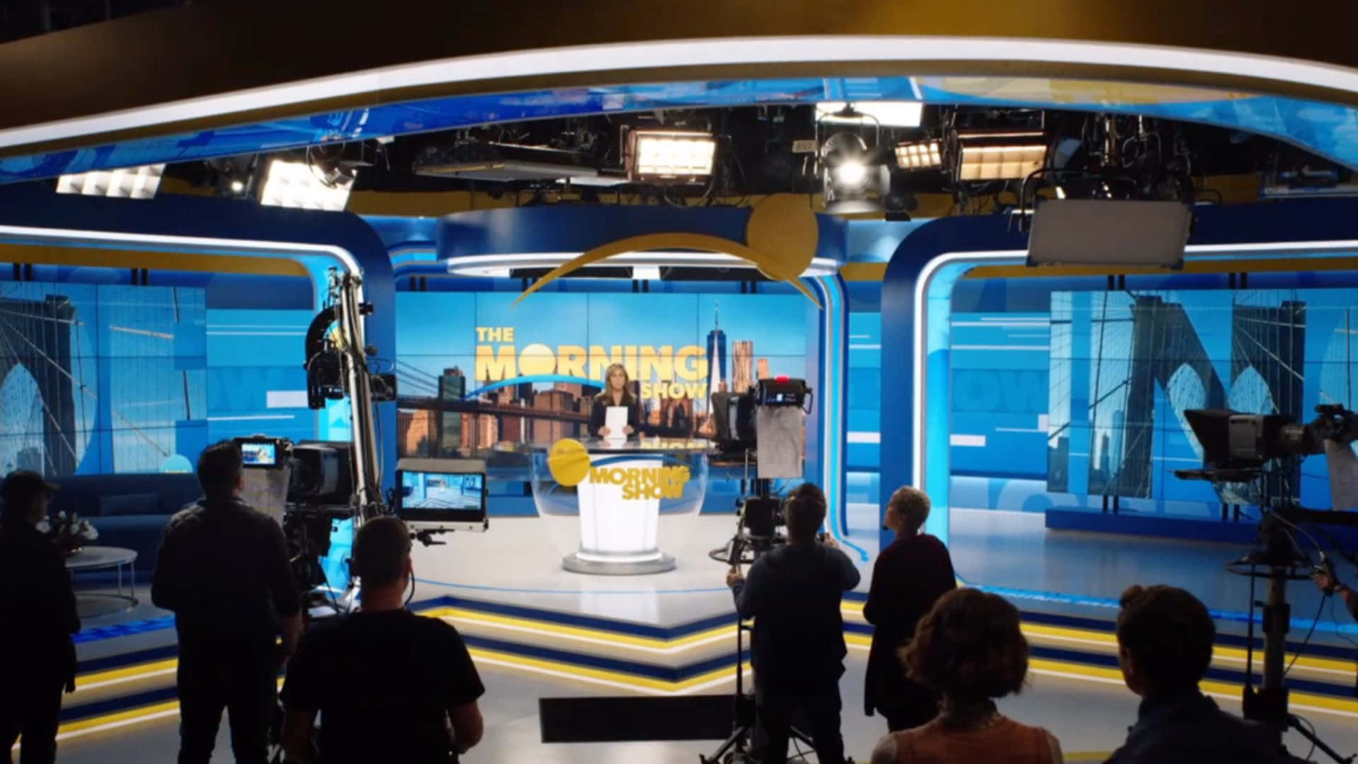 The Morning Show, blue and yellow studio desk, cameras, Full HD Desktop Wallpaper