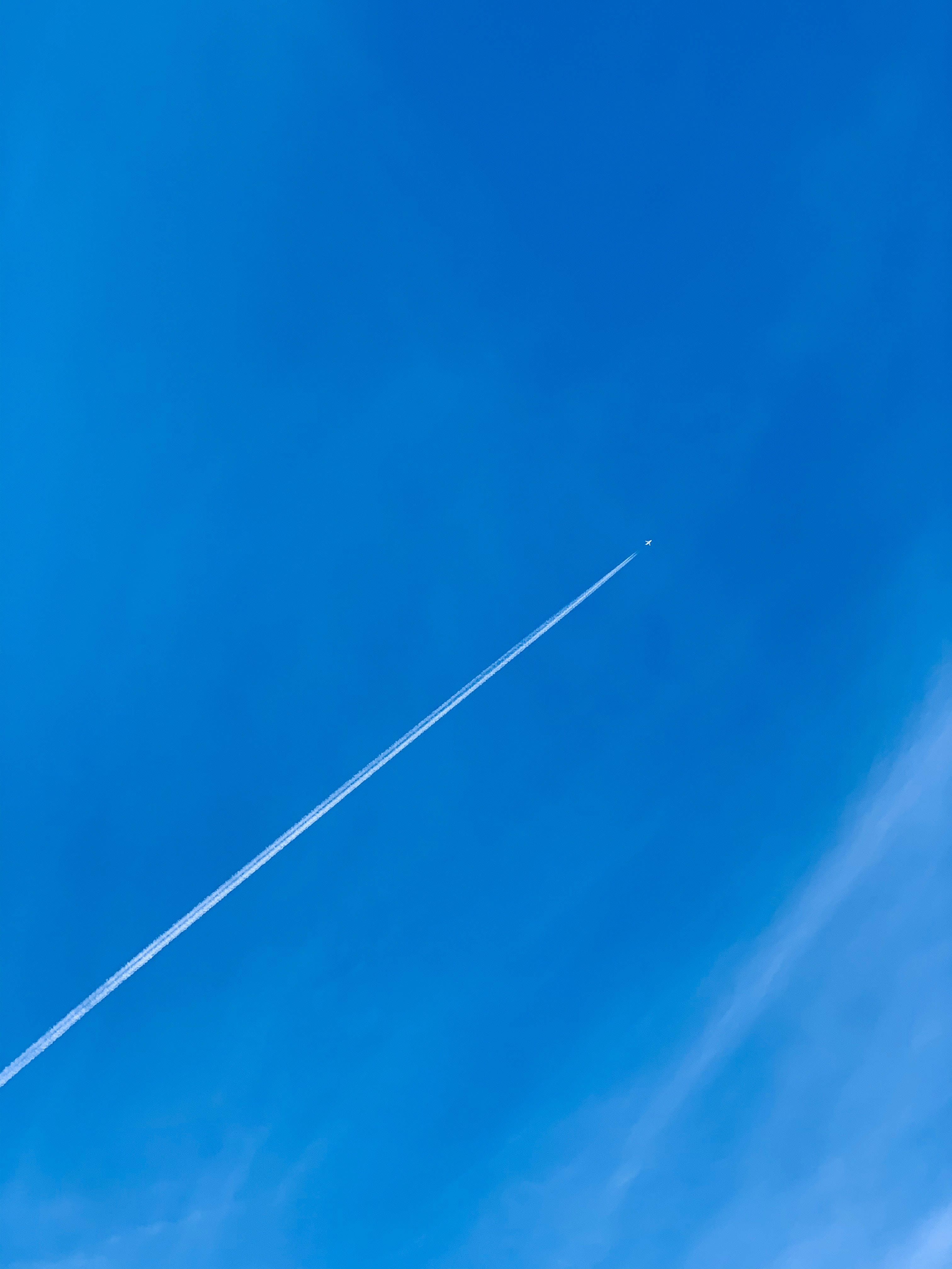 airplane, contrail, azure sky, 4K Phone Wallpaper