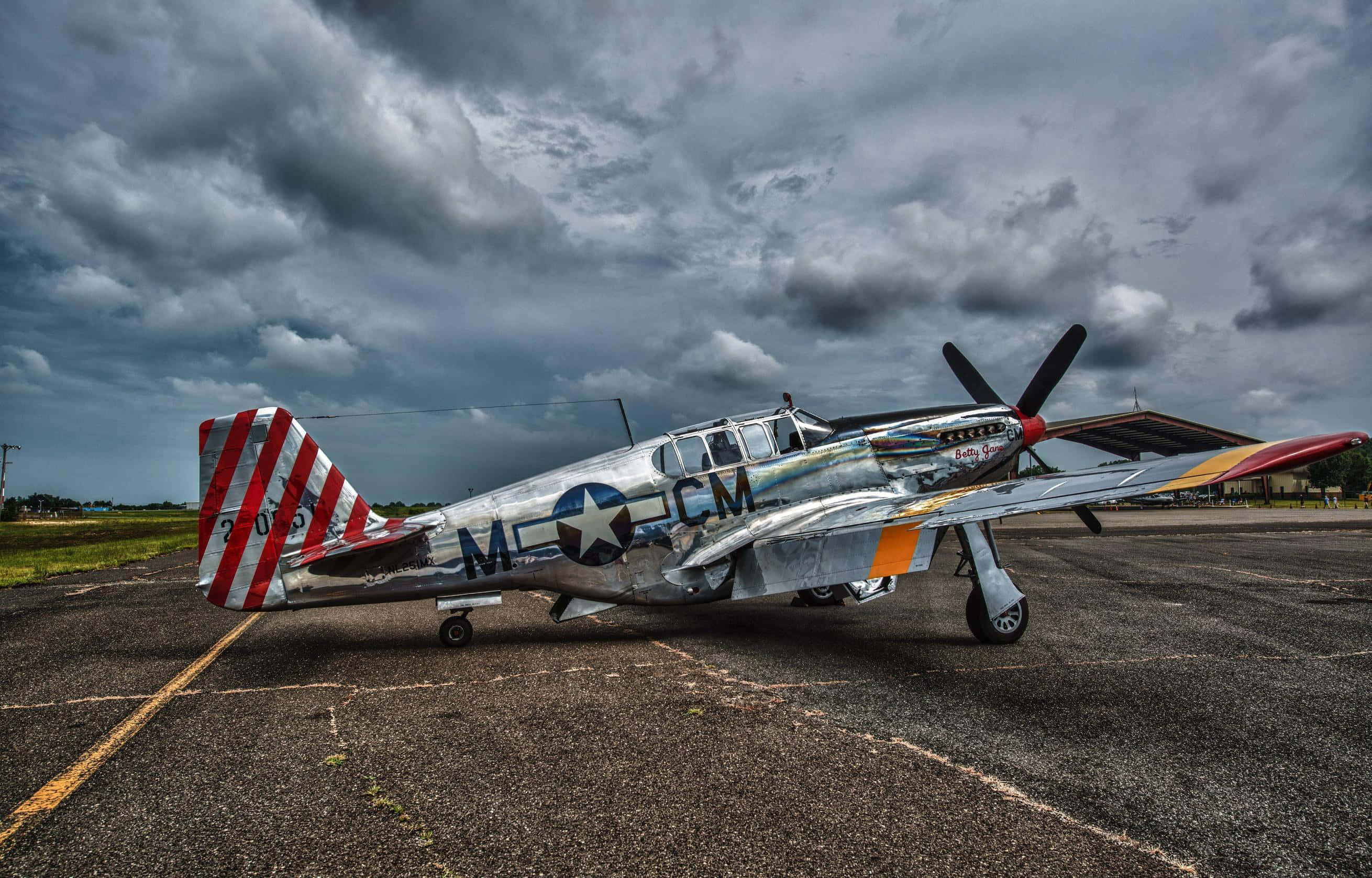 vintage military fighter plane, red white striped tail, asphalt tarmac, 2K Desktop Wallpaper