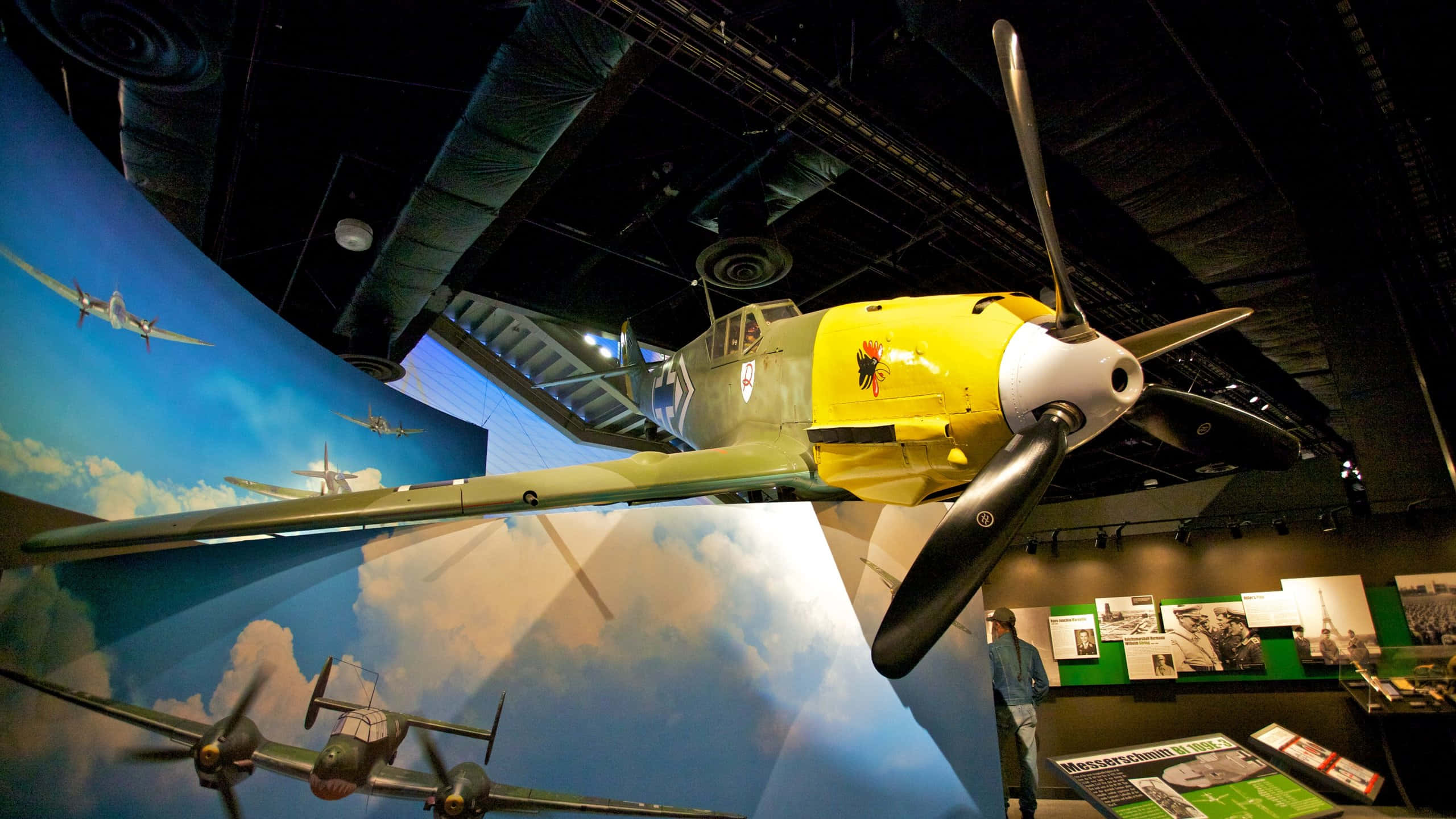Museum of Flight, vintage aircraft exhibit, yellow vintage propeller plane, 2K Desktop Wallpaper