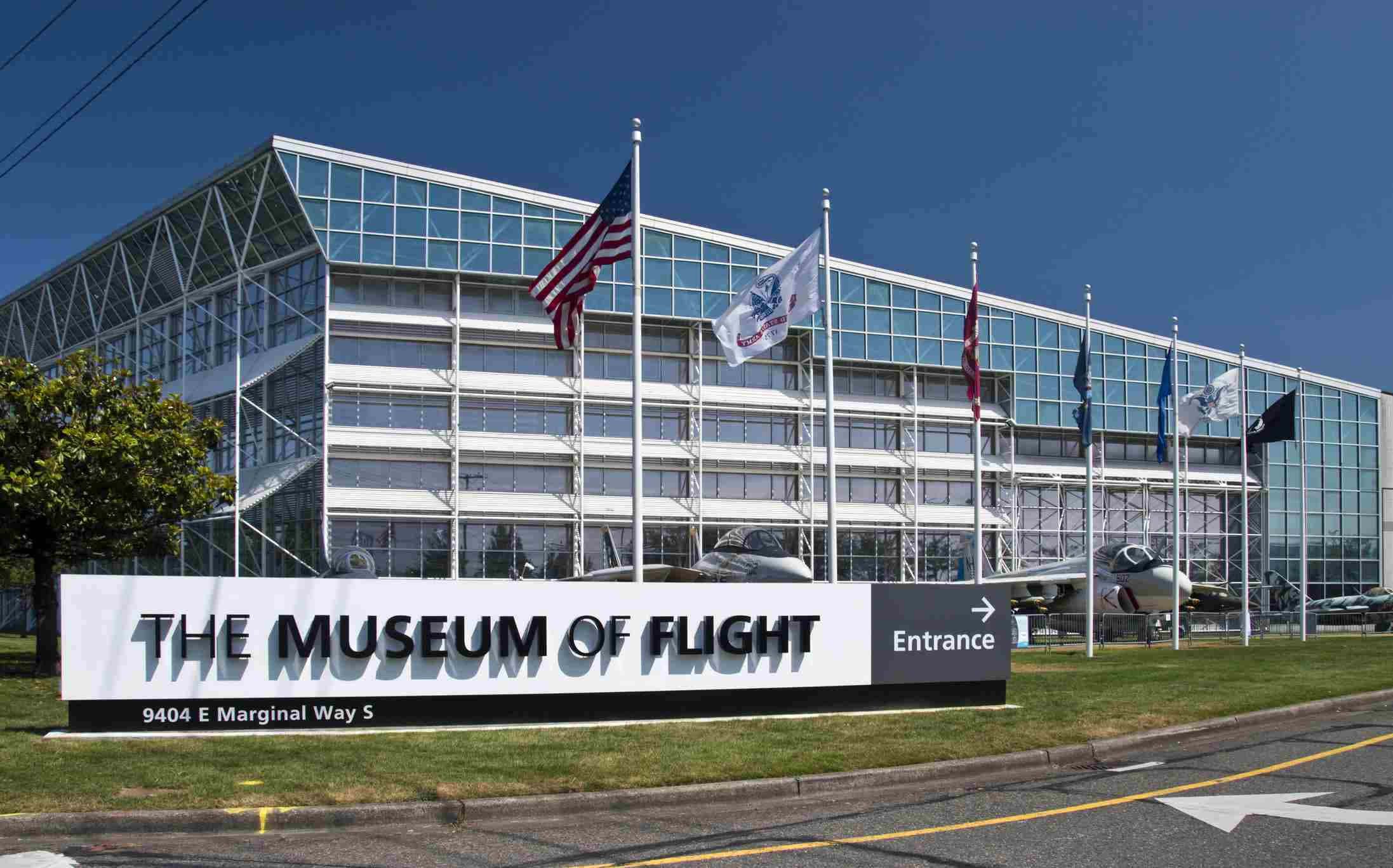 Museum Of Flight, glass and steel, flags, Full HD Desktop Wallpaper